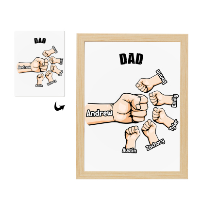 6 Names-Personalised Fist Dad LED Light Wooden Photo Frame -Custom Text & Names, Adjustable 3 Colors