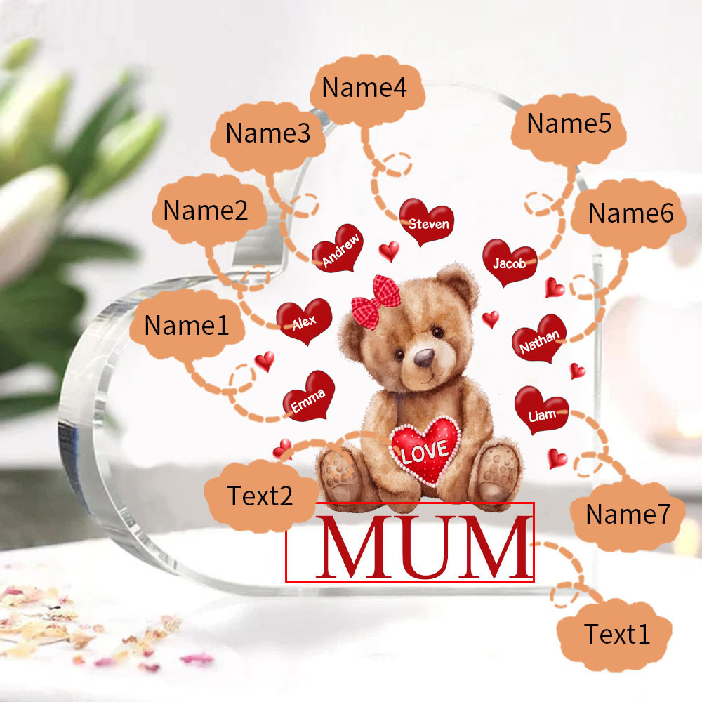 7 Names-Personalised Mum Acrylic Heart Keepsake Custom Text Love Teddy Bear Ornaments Gifts Set With Gift Box for Grandma/Mother