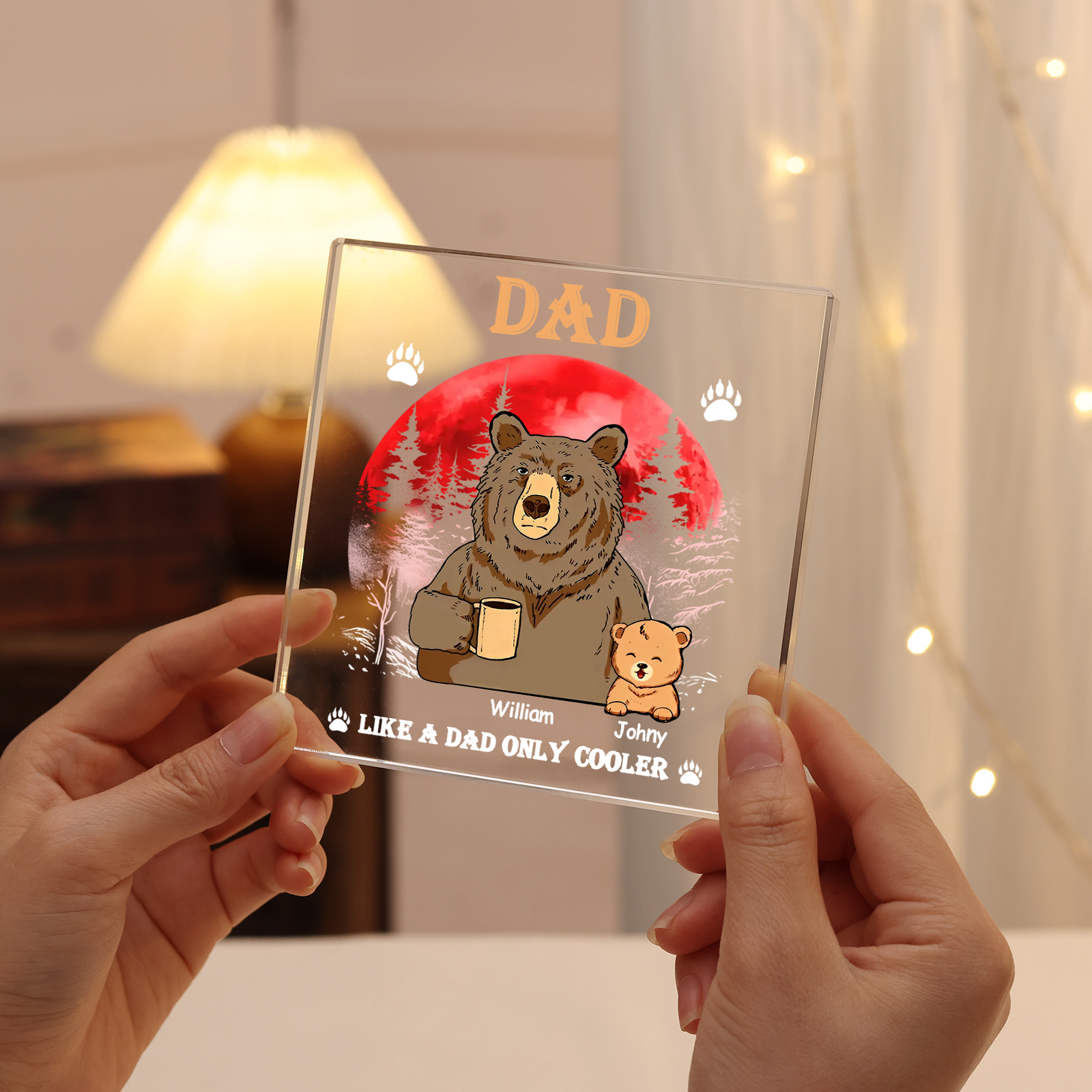 2 Names - Personalised Bear Family Pattern Custom Name Acrylic Square Ornament Father's Day Gift