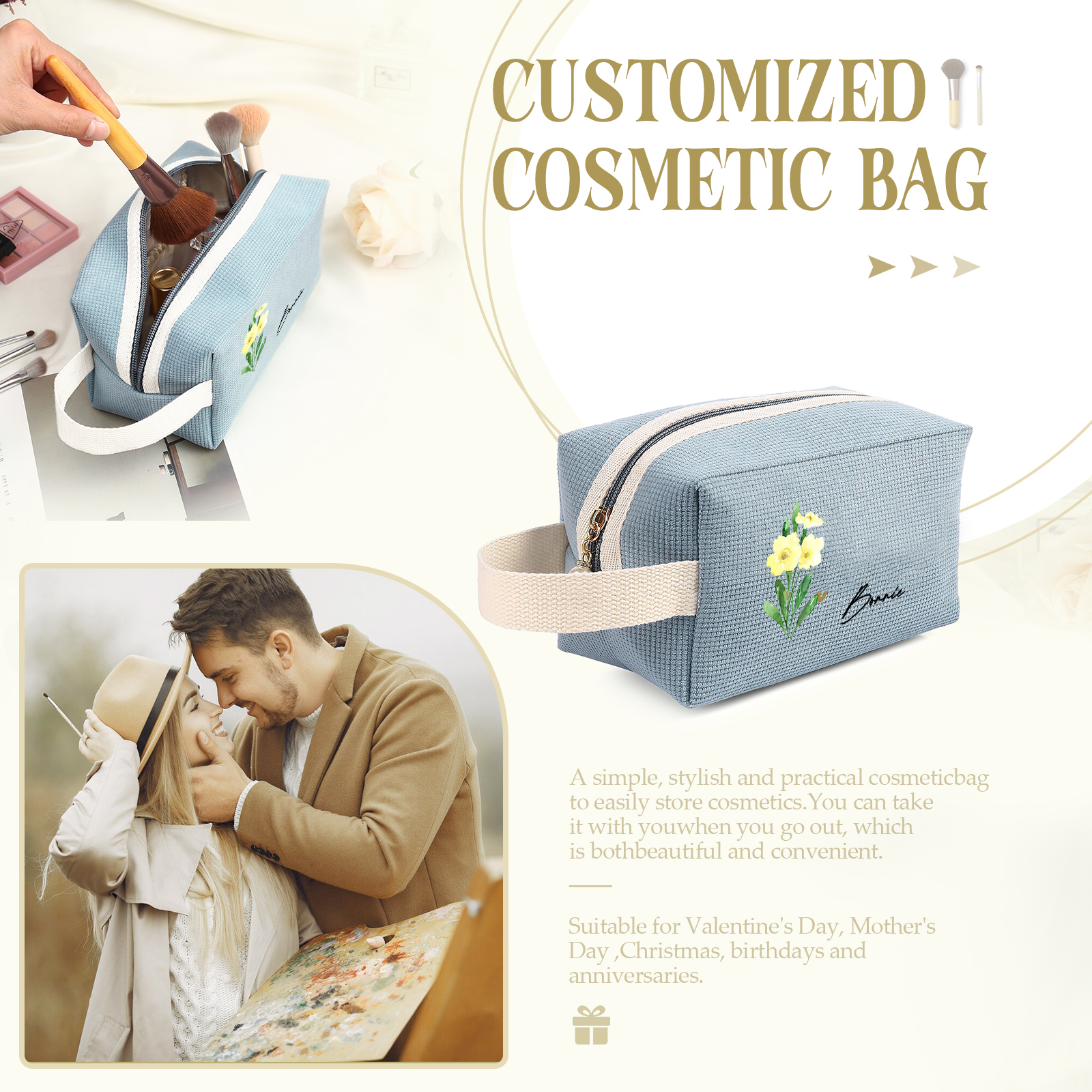 Personalized Name And Birthflower Cosmetic Bag, Travel Cosmetic Bag Women'S Customized Gift
