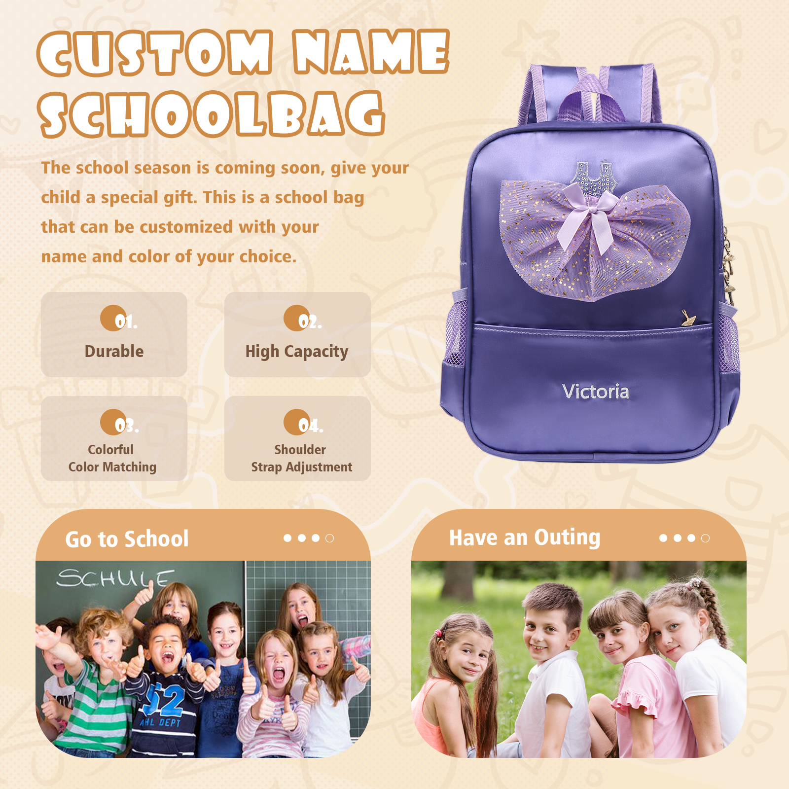 Personalised Name Band Princess Dress Accessories Satin Children Backpack Back To School Gift