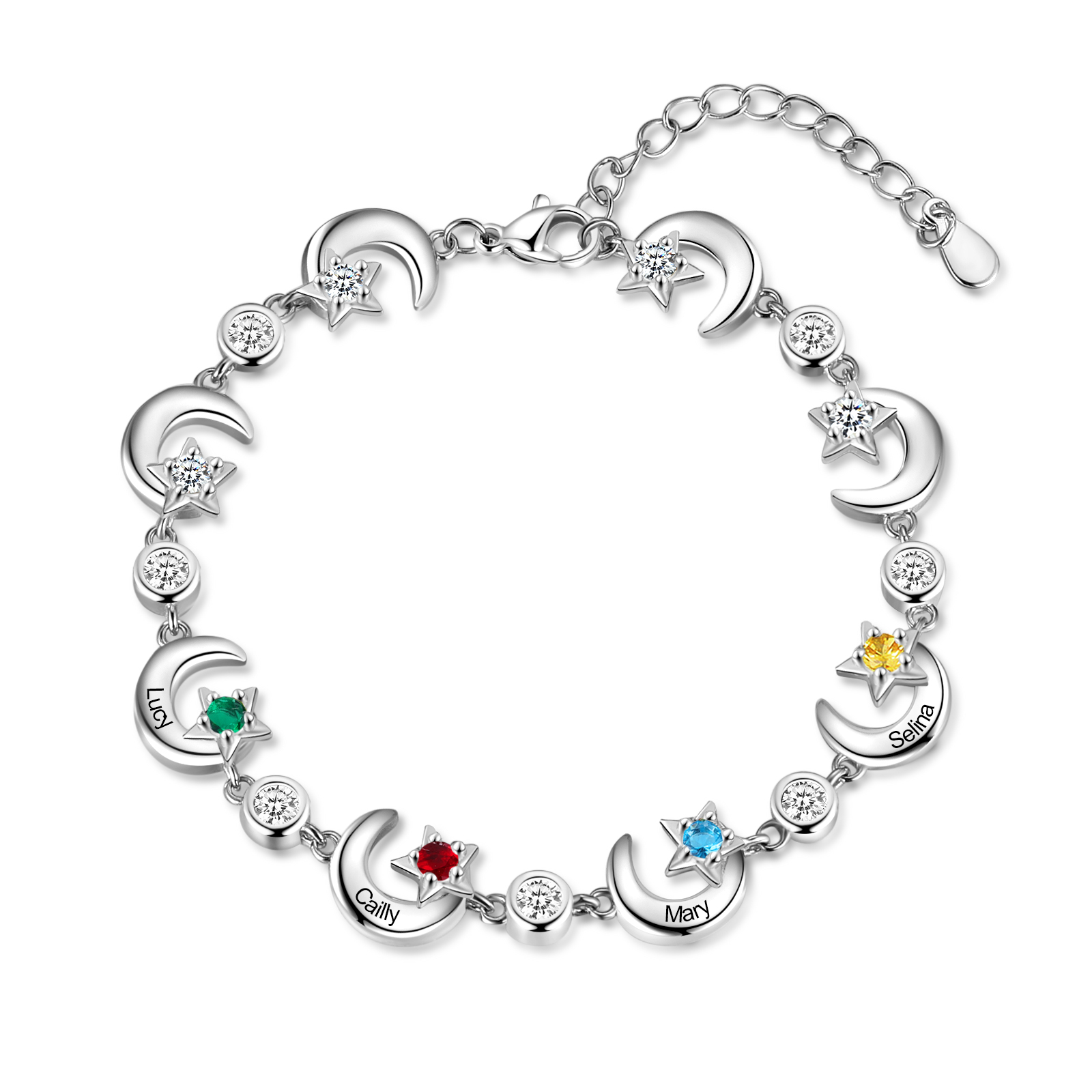 4 Names-Personalised Moons And Stars Bracelet With 4 Birthstones Custom Names Bracelet Gift For Women