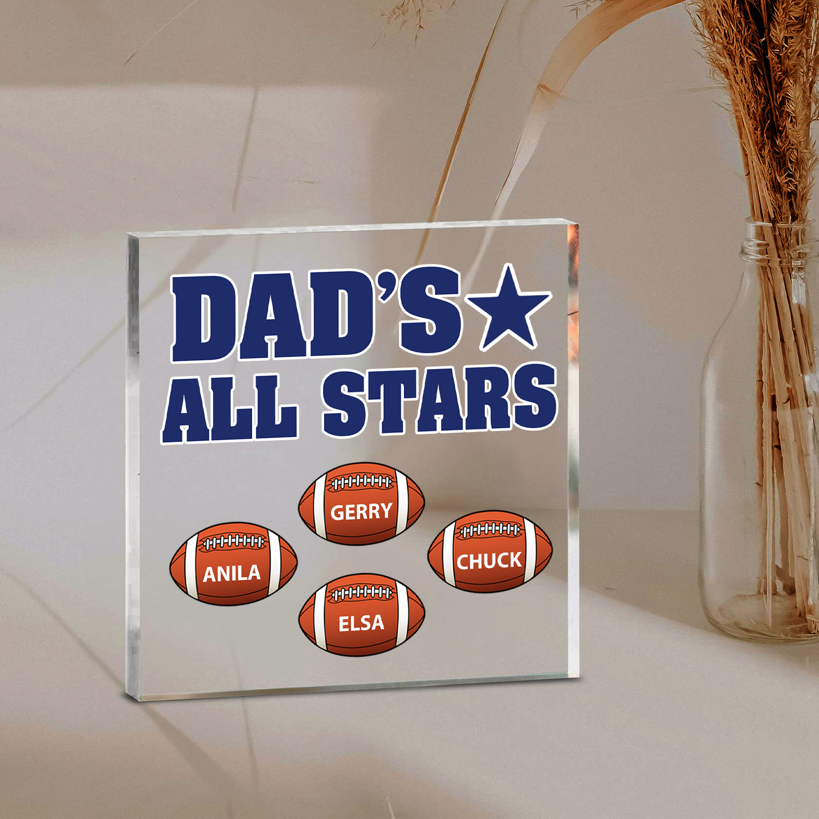 4 Names - Personalised Football Acrylic Keepsake Customized Name Acrylic Plaque Decoration Father's Day Gift for Dad