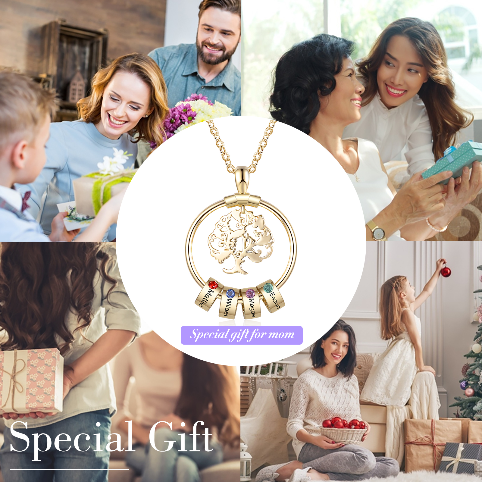 4 Names-Personalised Family Tree Necklace With 4 Birthstones Engraved Names Gift For Her