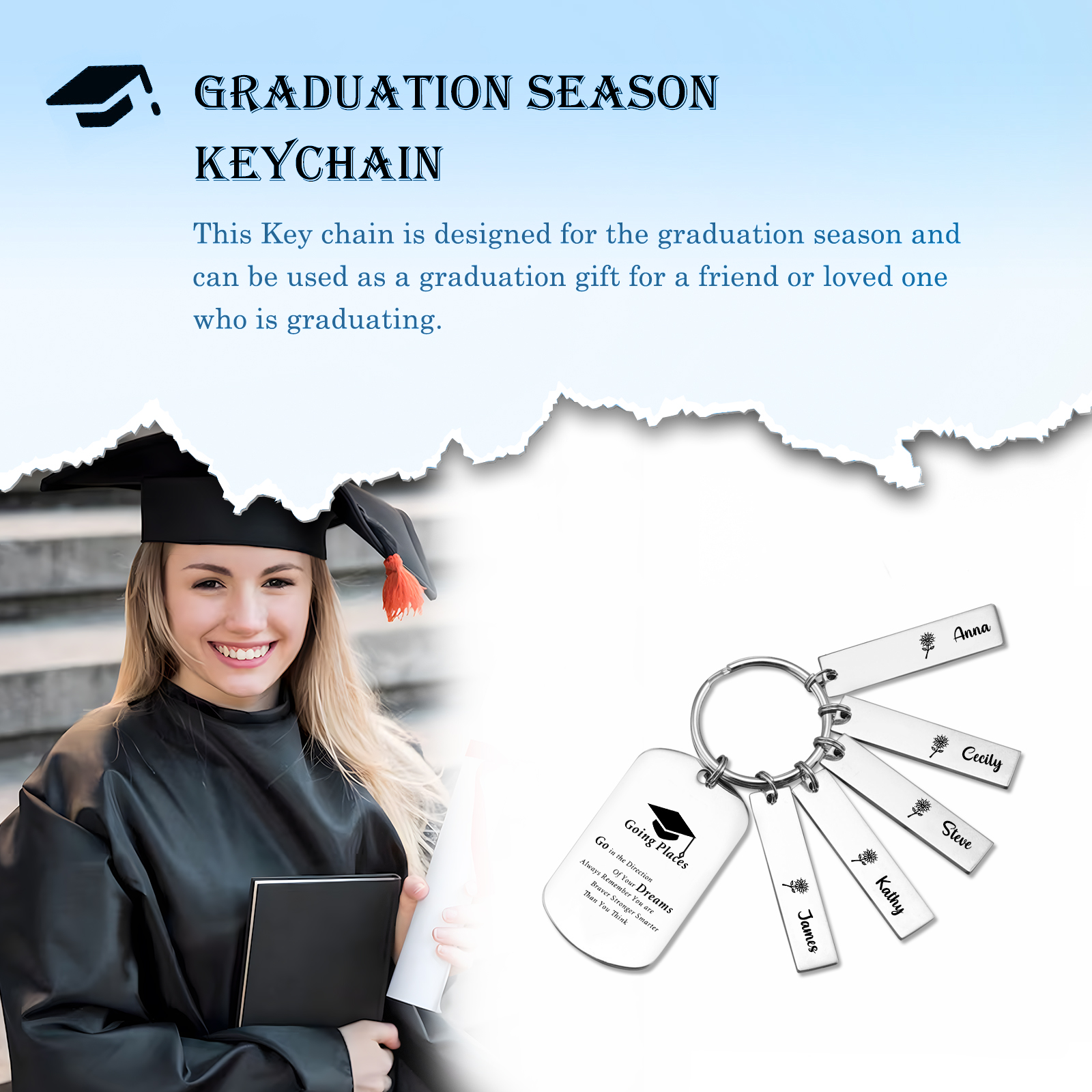 5 Names - Personalised Name Exquisite Graduation Keyring Gift For Her/Him