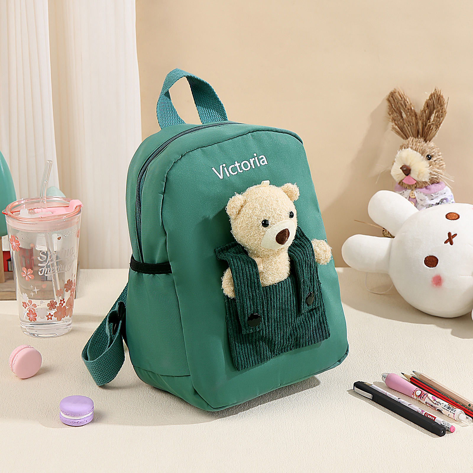 Personalized Custom 1 Letter and 3 Names Gift Set Custom Green Backpack and Pencil Case and Ruler Gift Set Back to School Gift for Daughter