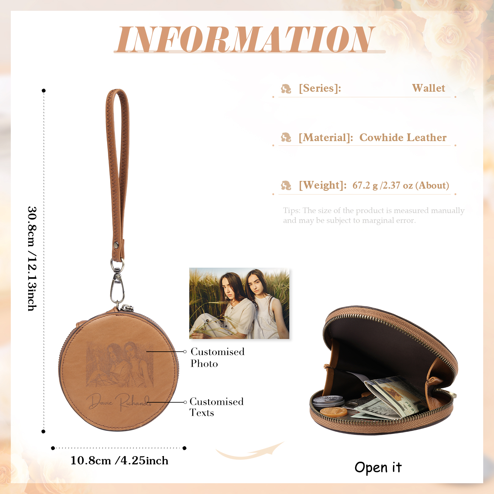 Custom Purse-Personalised Photo Quality Leather Round Zipper Wallet Custom Text Wallet Gift for Her