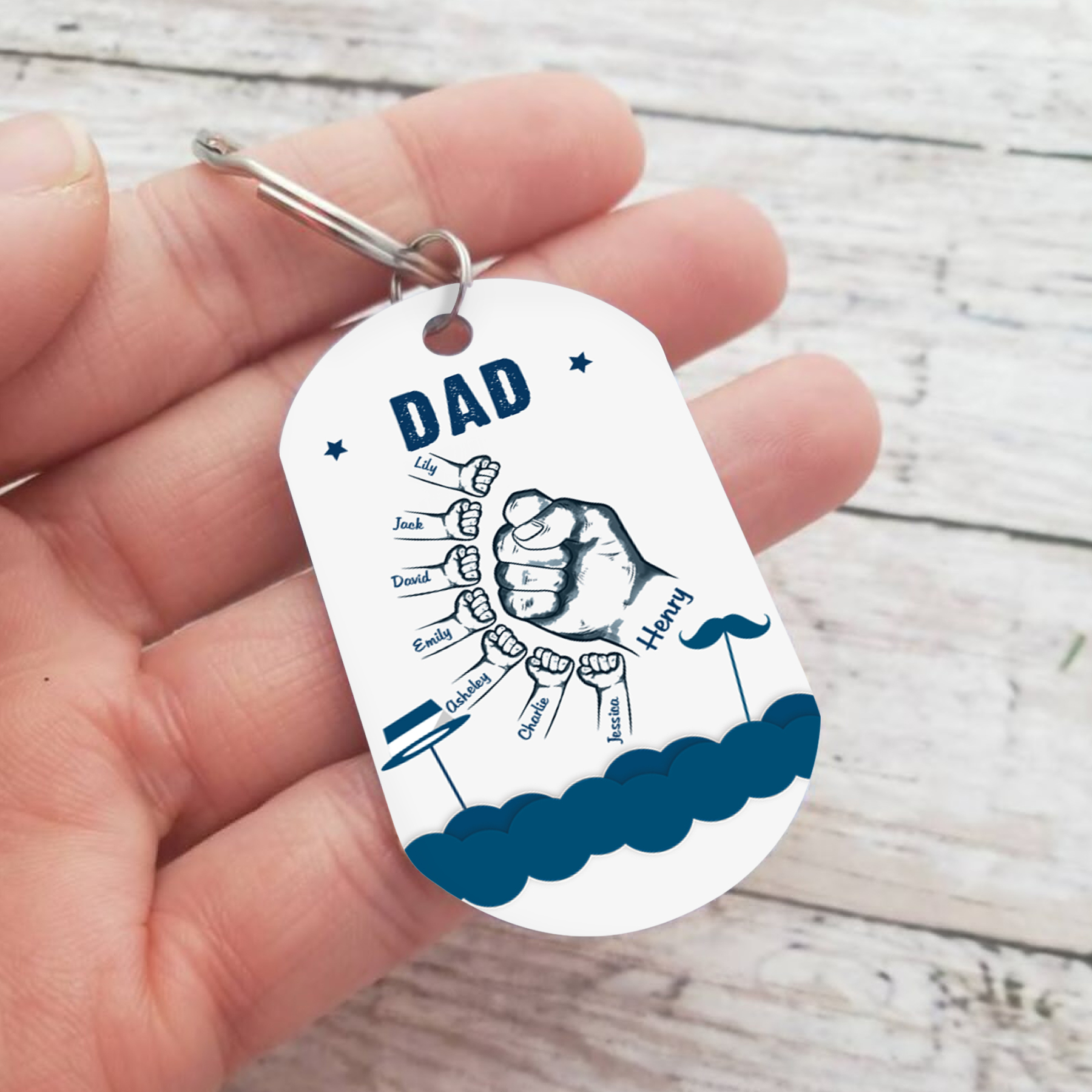 8 Names - Personalised Custom Fist Bump Keyring Hat and Beard Style Keyring Gift for Dad