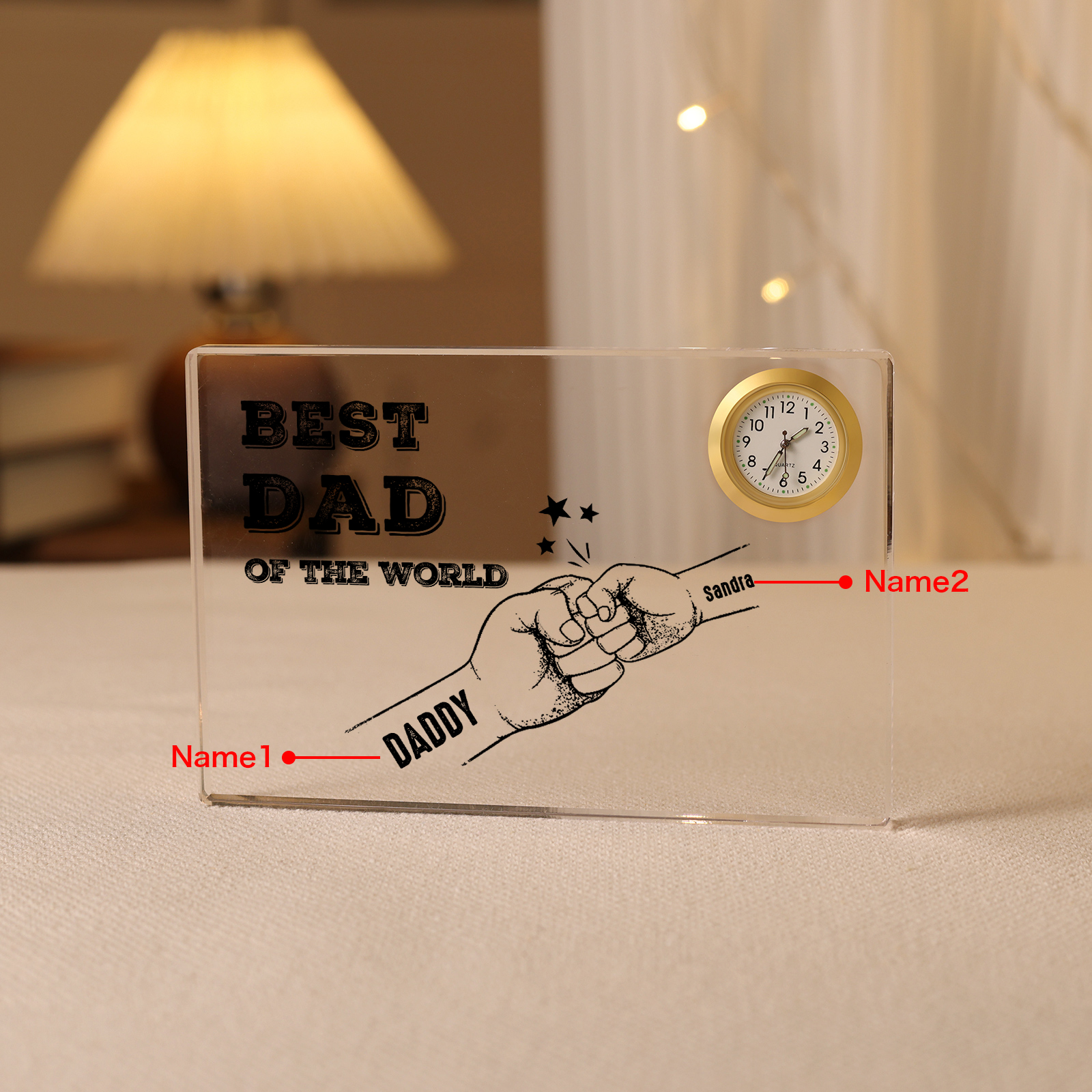 2 Names - Personalised Fist Bump Acrylic Rectangular Clock Ornament Father's Day Gift for Dad