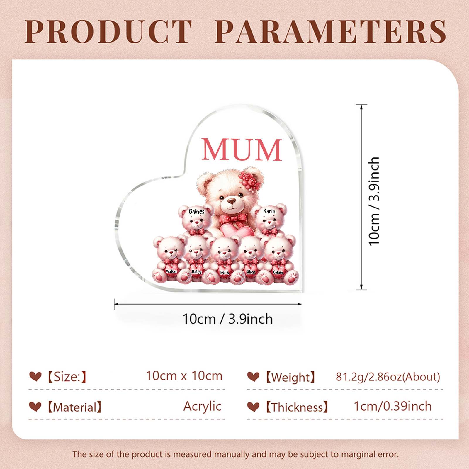 Personalised 7 Names&1Text Bear Heart-Shaped Acrylic Plaque – Custom Family Ornament Gift for Mum/Nan | Jessemade