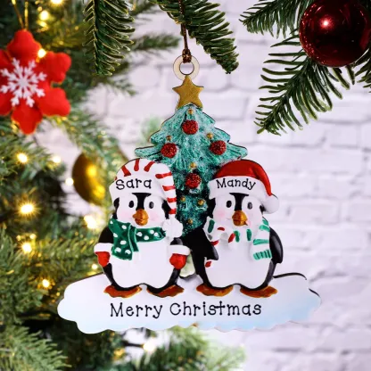 9 Names-Personalized Family Wooden Christmas Ornament-Custom 9 Names Hanging Ornament Gifts For Family-Winter Penguin Family