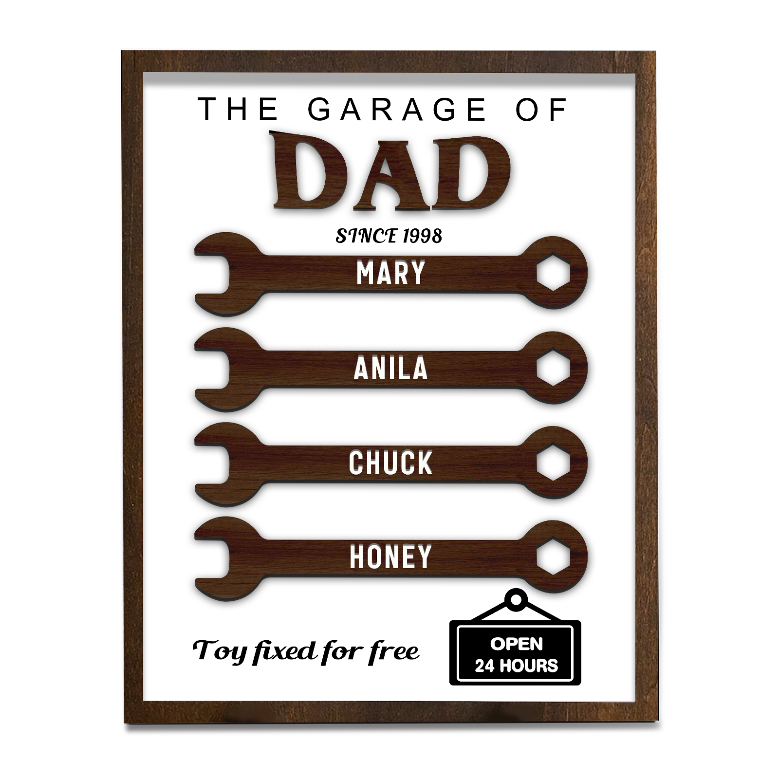 4 Names - Personalised Repair Tool Style Home Photo Frame Wooden Decor Father's Day Gift for Dad