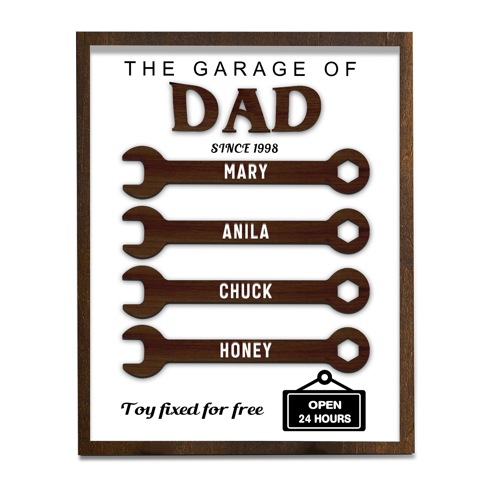 4 Names - Personalised Repair Tool Style Home Photo Frame Wooden Decor Father's Day Gift for Dad