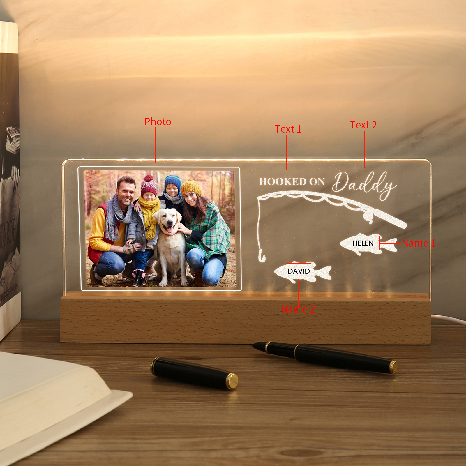 2 Names - Personalised Photo Fishing Pattern Desk Lamp Father's Day Gift For Dad