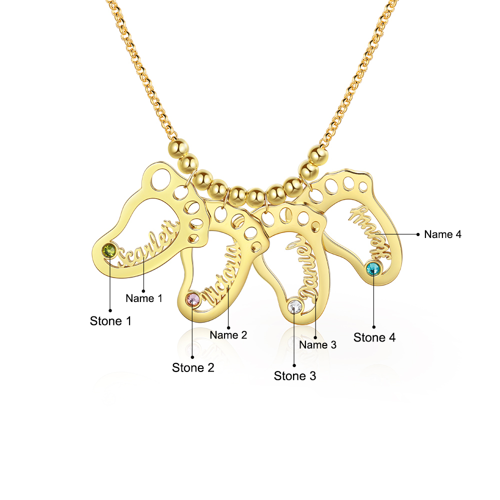 Personalised Baby Foot Necklace With 4 Birthstones Engraved Names Gift For Mother