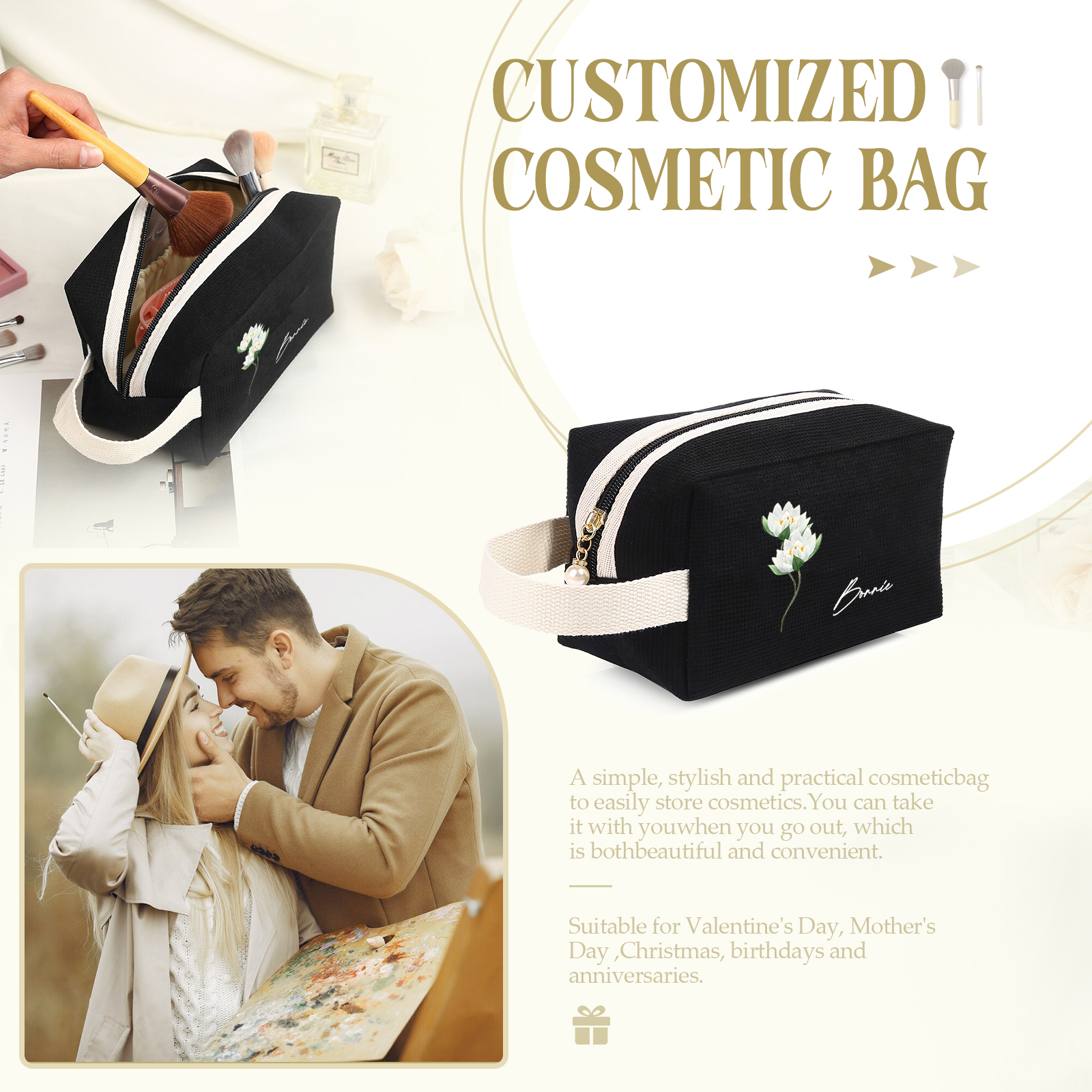 Personalised Name And Birthflower Cosmetic Bag, Travel Cosmetic