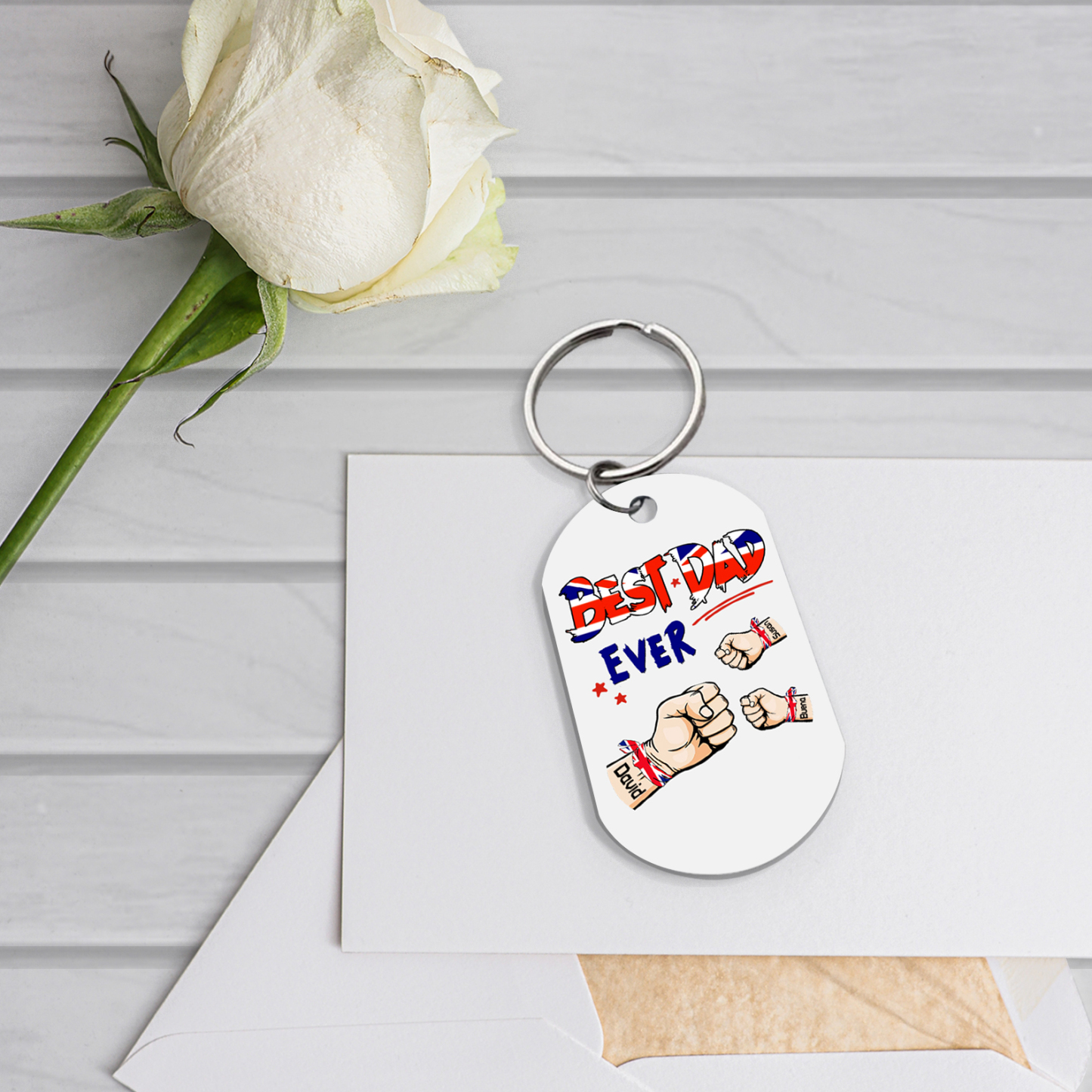 3 Names - Personalised Fist Bump Pattern Keyring Custom Name Gift for Dad