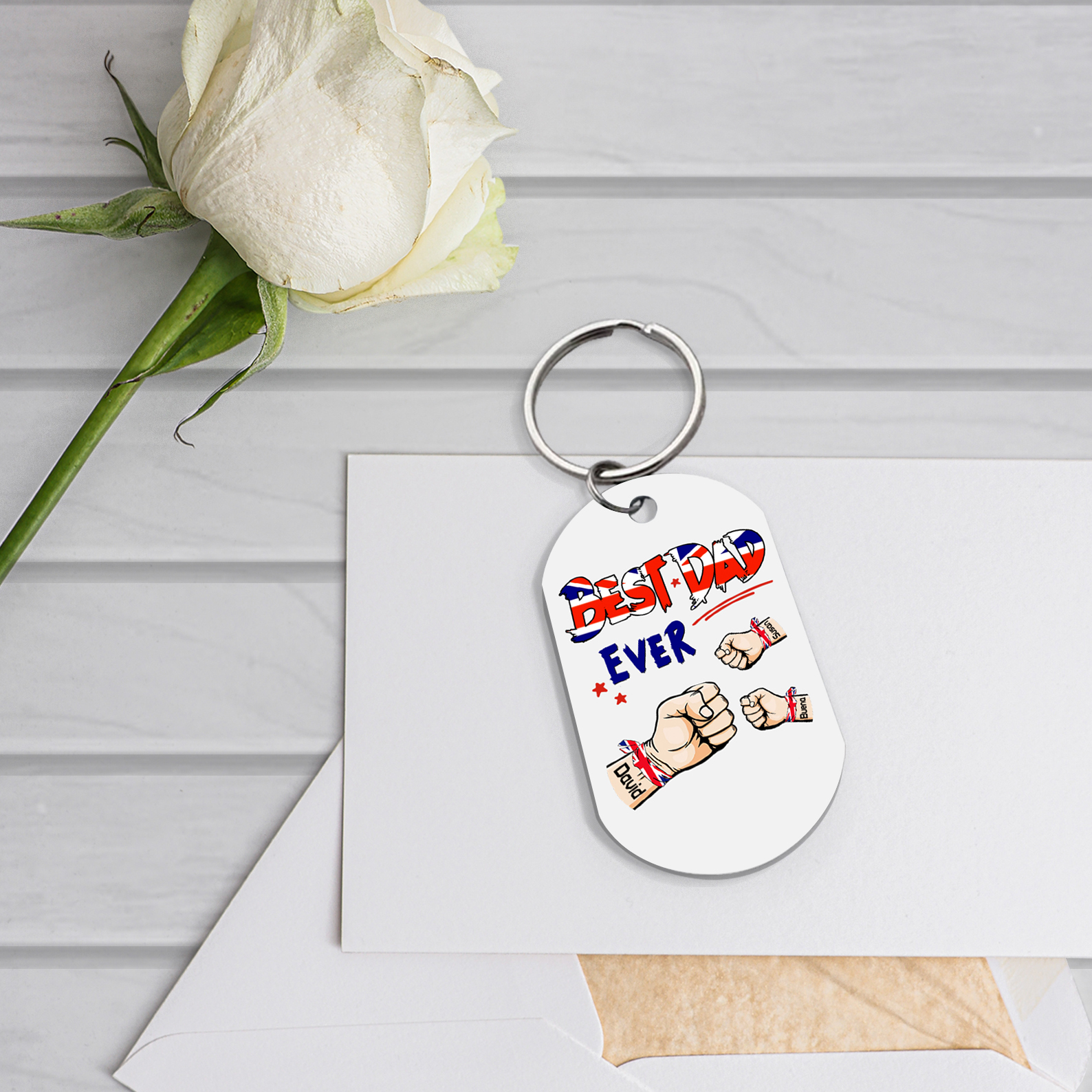 3 Names - Personalised Fist Bump Pattern Keyring Custom Name Gift for Dad