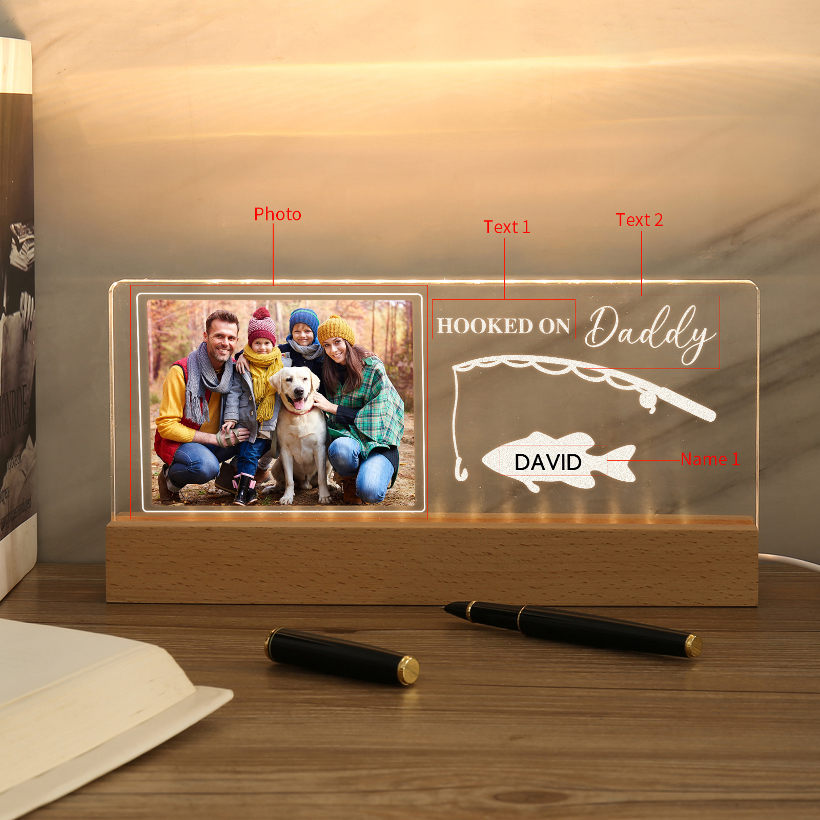1 Name - Personalised Photo Fishing Pattern Desk Lamp Father's Day Gift For Dad