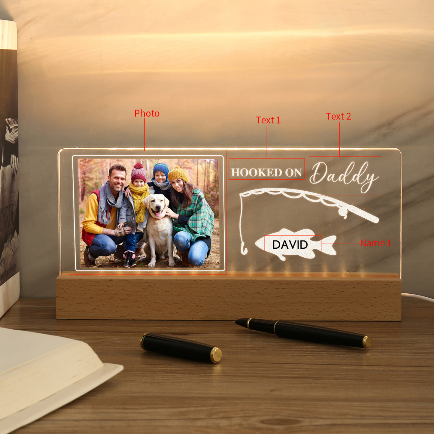 1 Name - Personalised Photo Fishing Pattern Desk Lamp Father's Day Gift For Dad