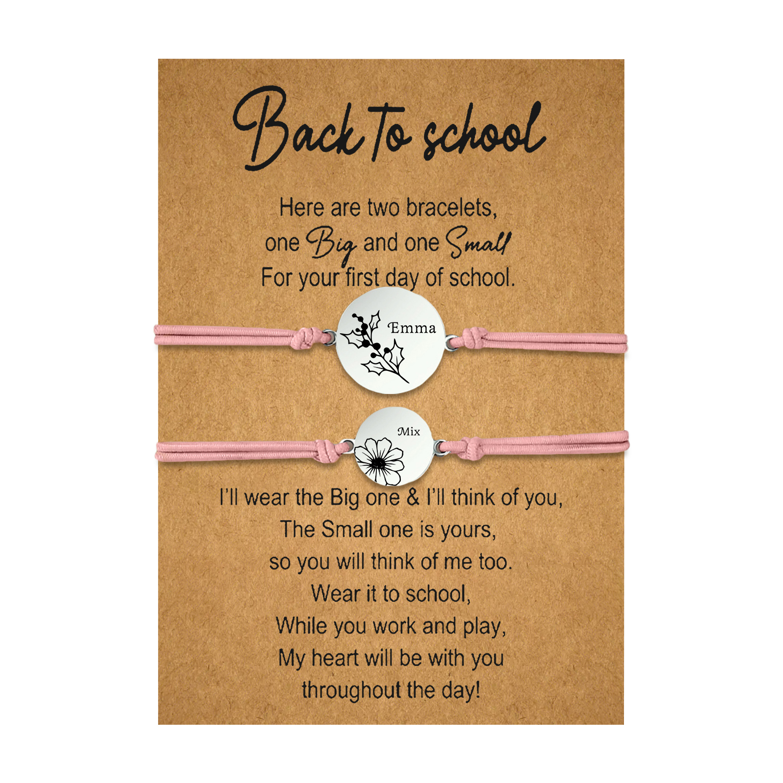 2 PCS Personalized 2 Birthflowers & 2 Names Elastic Stainless Steel Bracelet Back to School Gift for Daughter