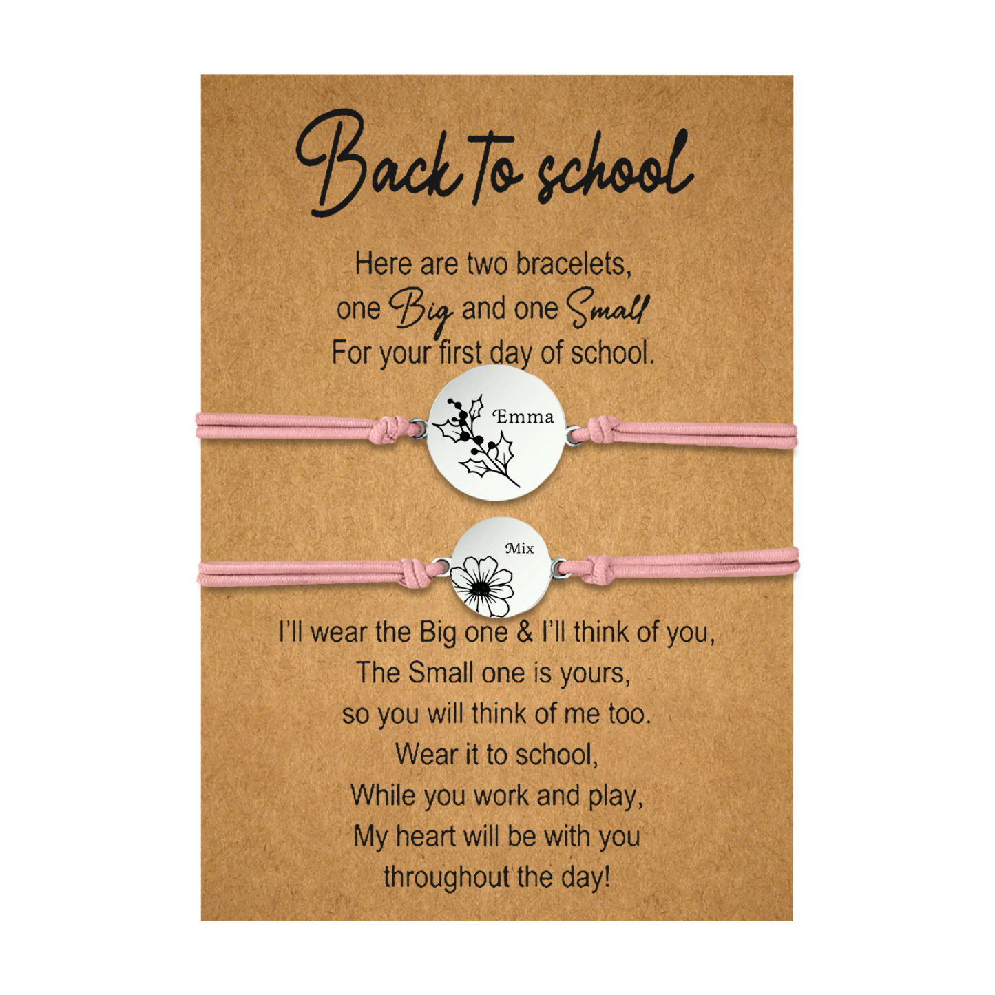 2 PCS Personalized 2 Birthflowers & 2 Names Elastic Stainless Steel Bracelet Back to School Gift for Daughter