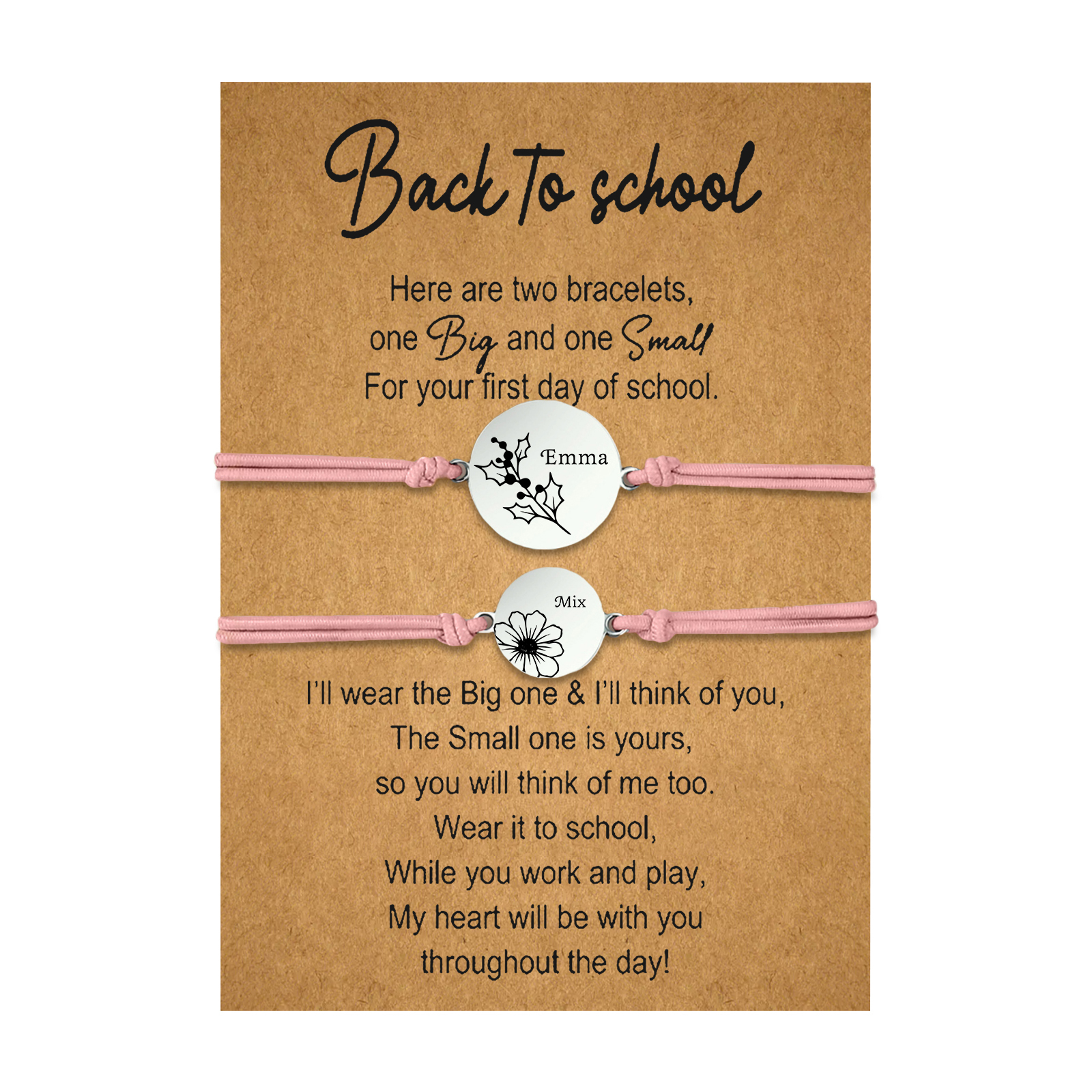 2 PCS Personalized 2 Birthflowers & 2 Names Elastic Stainless Steel Bracelet Back to School Gift for Daughter