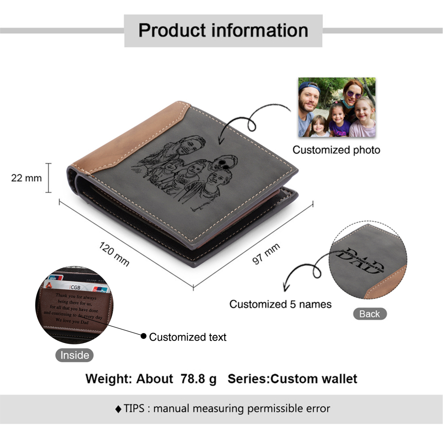 5 Names - Personalised Photo & Name Custom Leather Men's Wallet as a Father's Day Gift for Dad