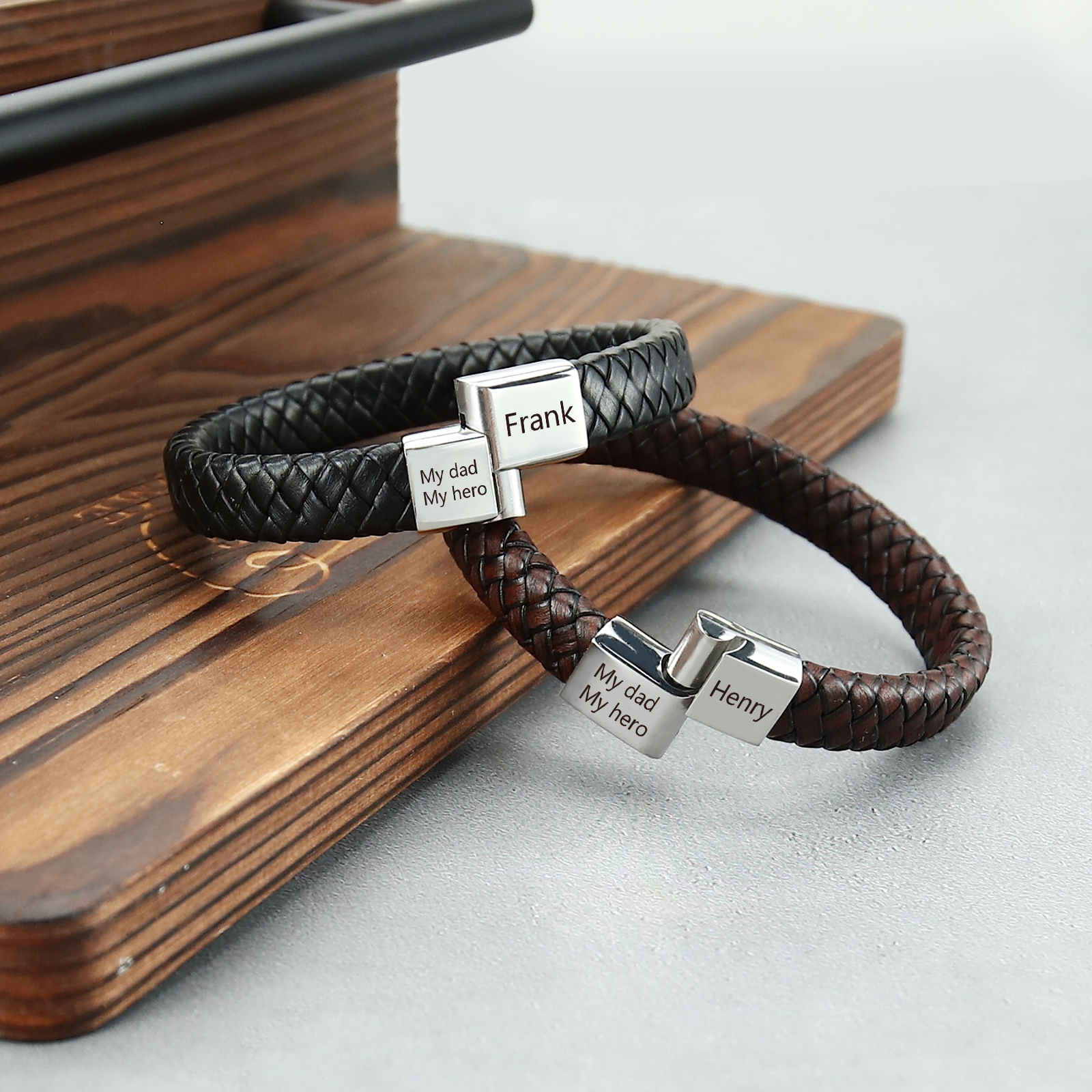 Personalised 2 Names and 2 Texts Leather Bracelet Men's Bracelet Father's Day Gift for Dad