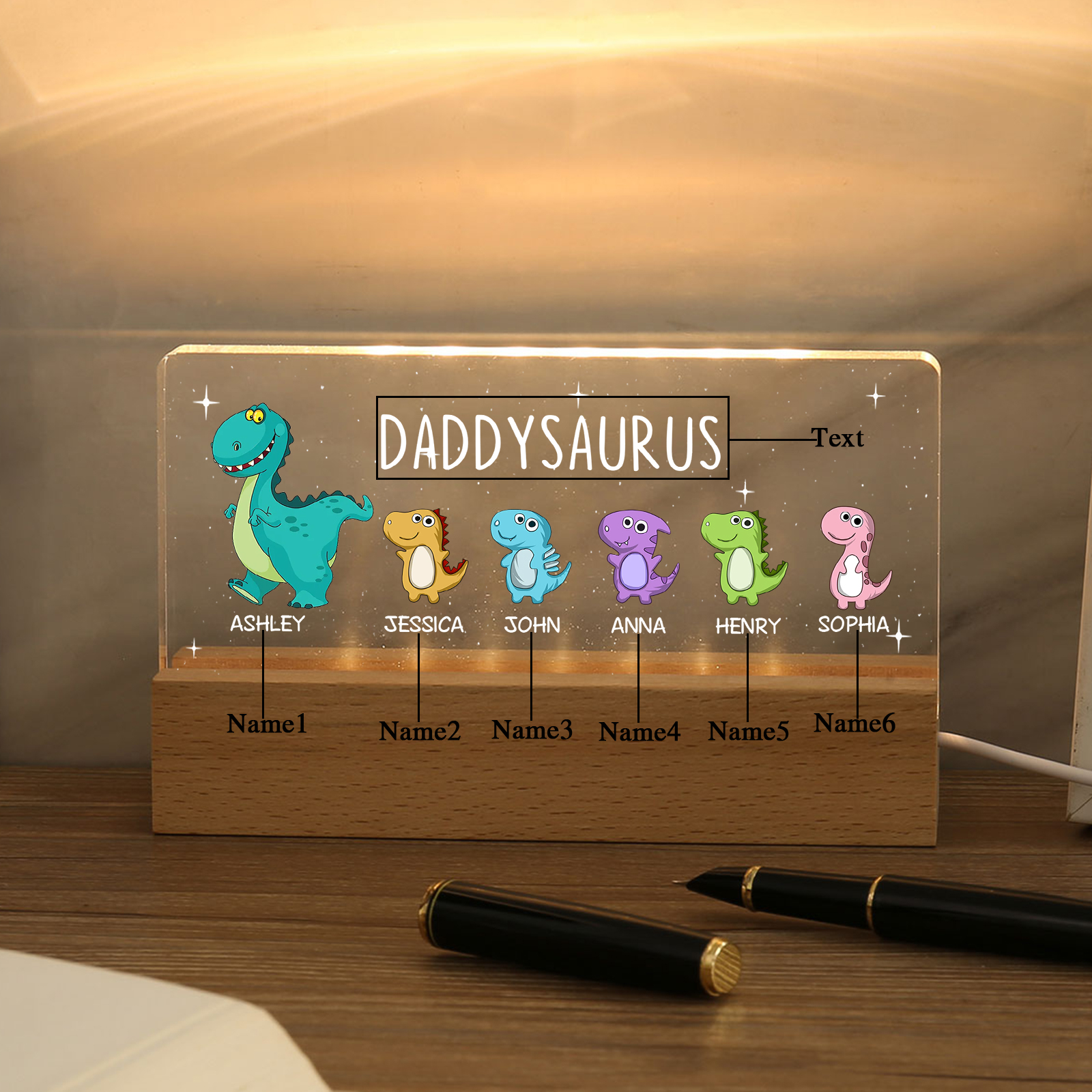 6 Names - Personalised Cute Dinosaur Pattern Beautiful Table Lamp Father's Day Gift for Dad