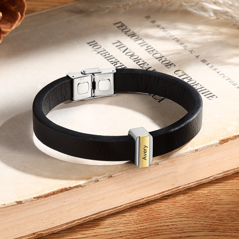 1 Name Personalised Stainless Steel Leather Bracelet Engraved Name Men's Bracelet Gift for Dad