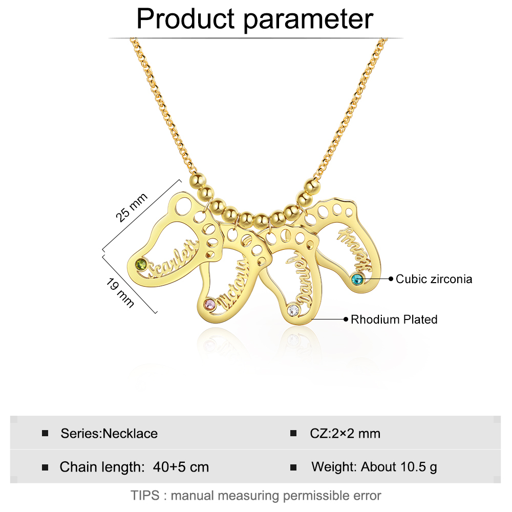 Personalised Baby Foot Necklace With 4 Birthstones Engraved Names Gift For Mother