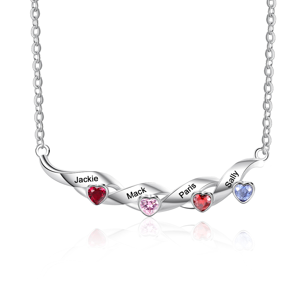 Mother's Day Gifts Customized Spiral Cascading Pendant Necklace with 4 Birthstones Engraving 4 Names
