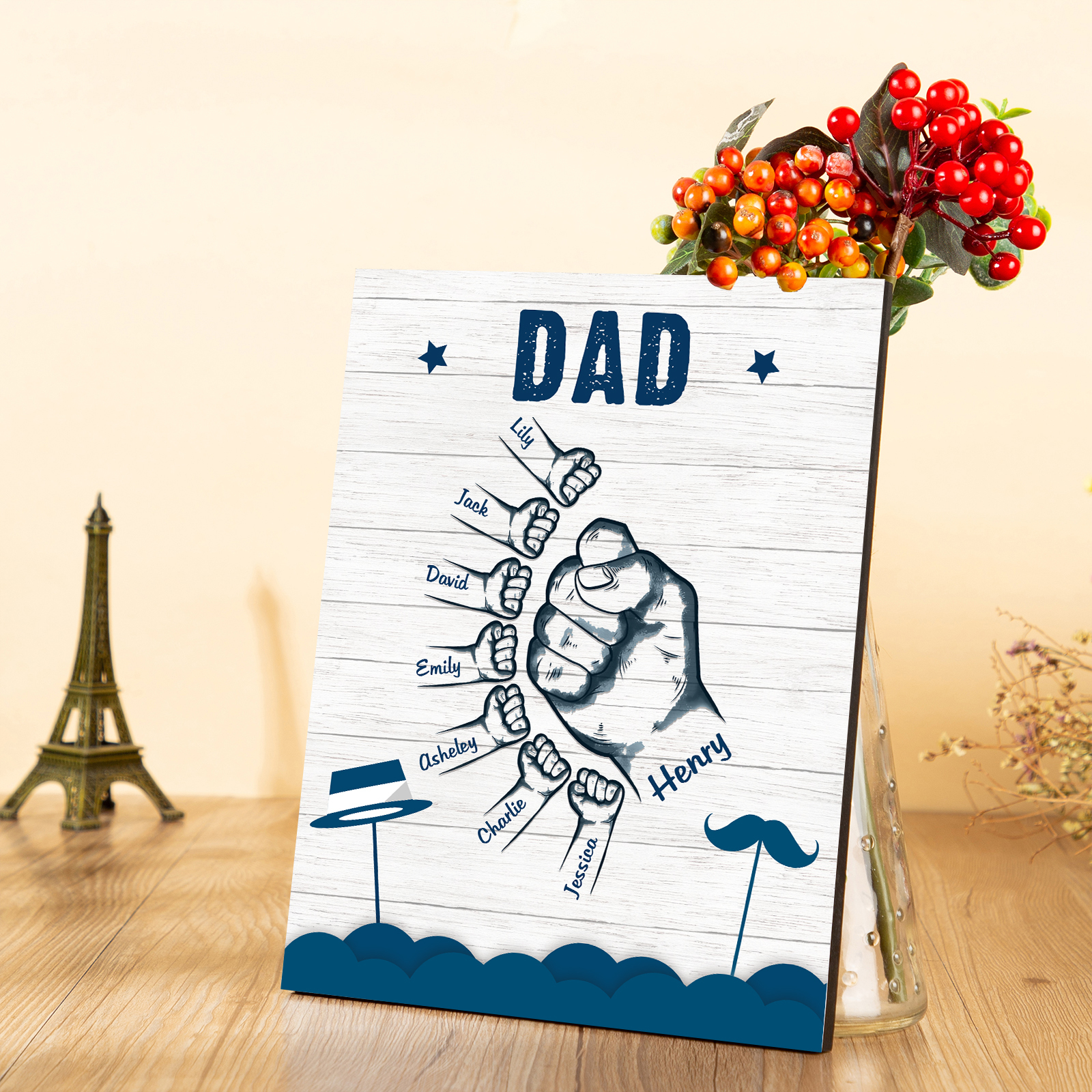 8 Names - Personalised Wooden Ornament Fist Bump Style Engraved Name and Text Ornament for Dad