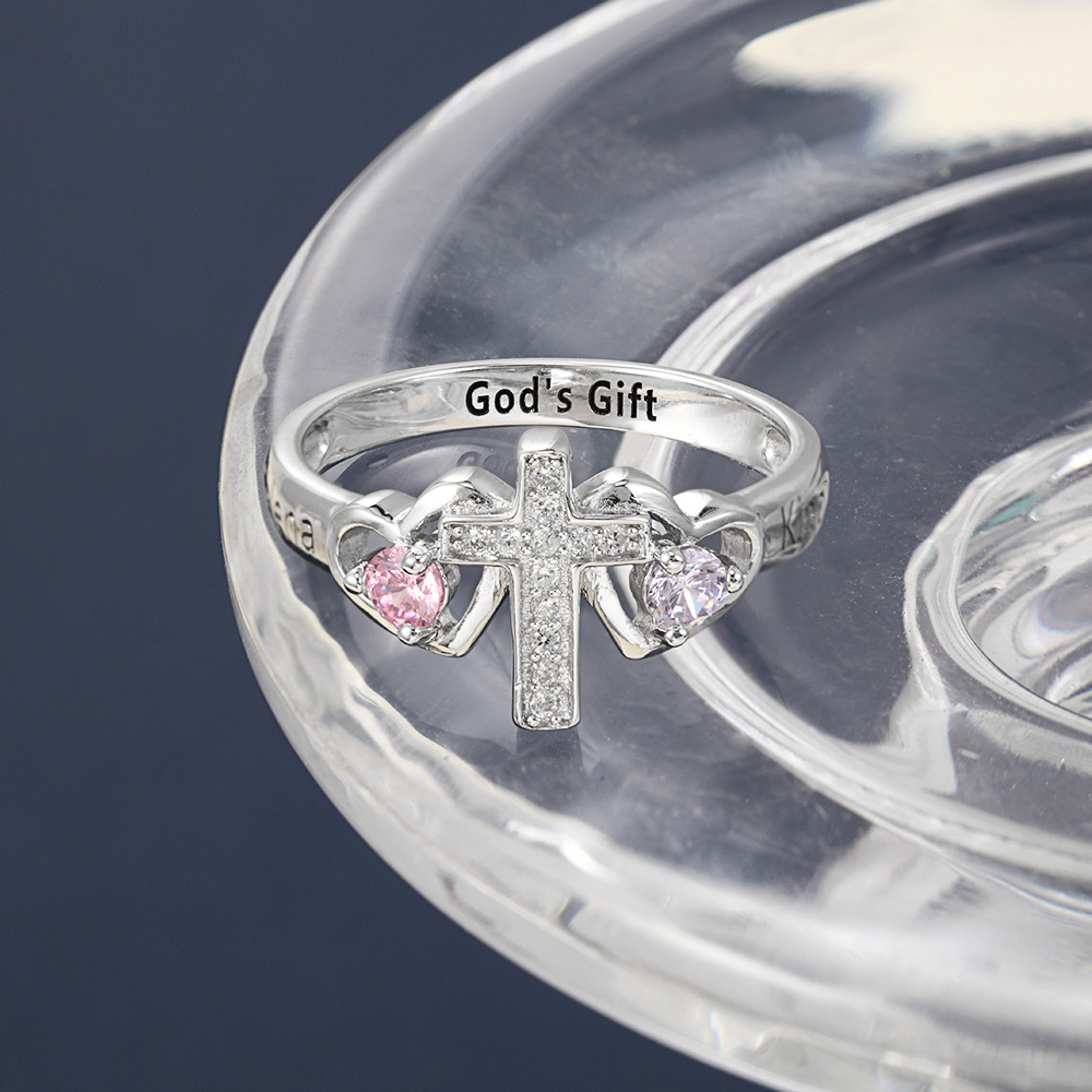 S925 Silver Ring Personalised 2 Birthstones Cross Ring With Names Gifts For Her