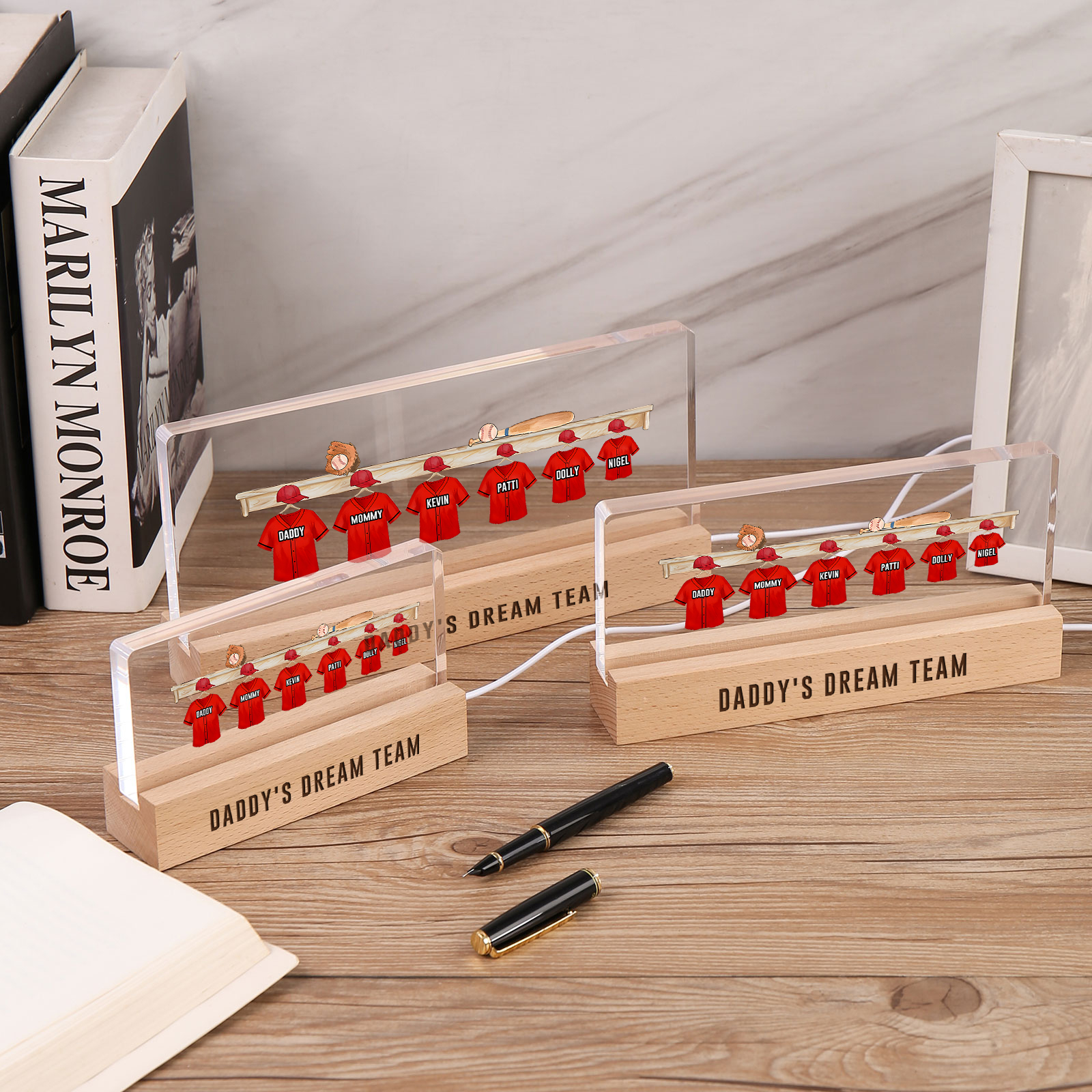 6 Names - Personalised Baseball Jersey Desk Lamp - Dad's Dream Team - Father's Day Gift for Dad