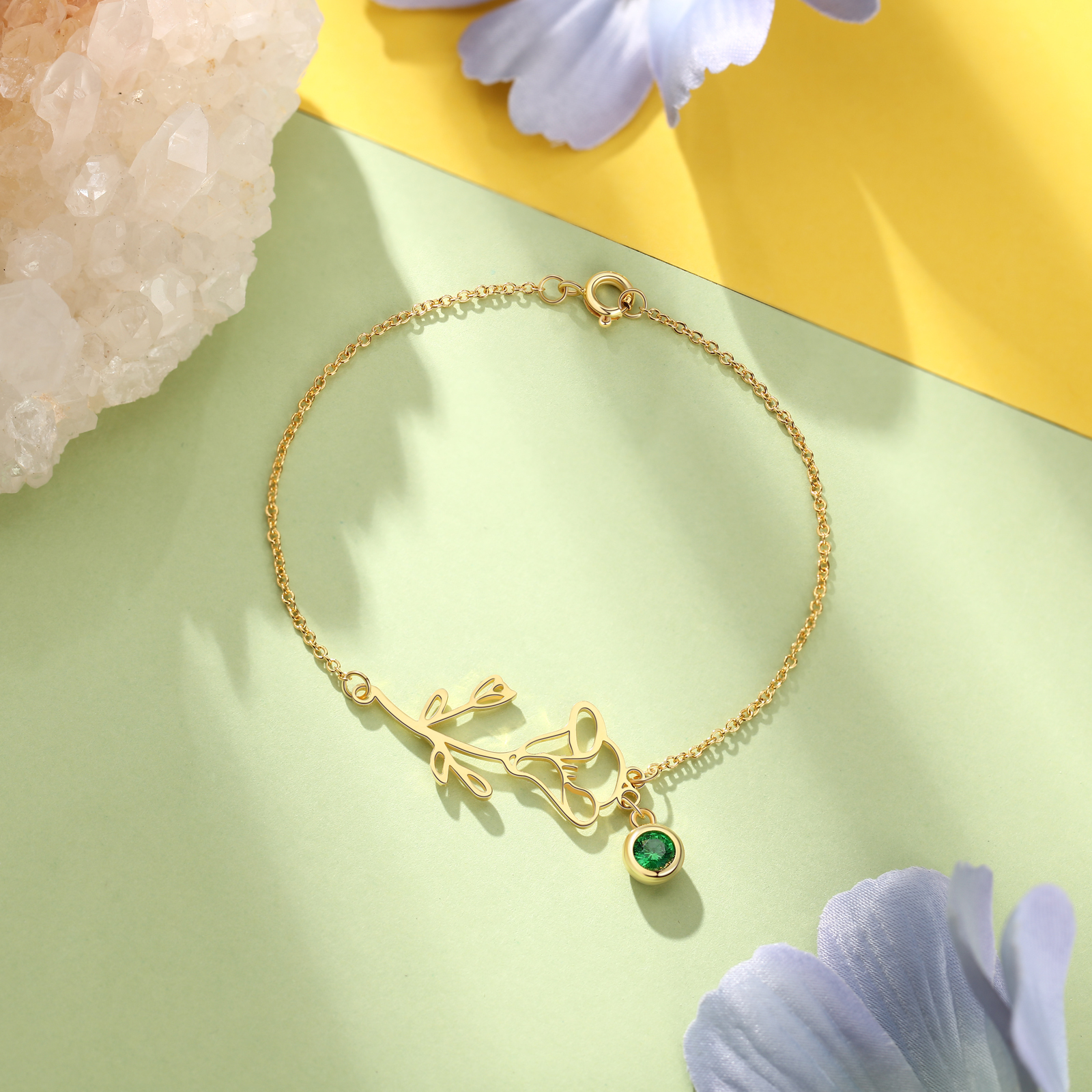 Personalised Birthflower Bracelet With 1 Birthstone Gift For Women