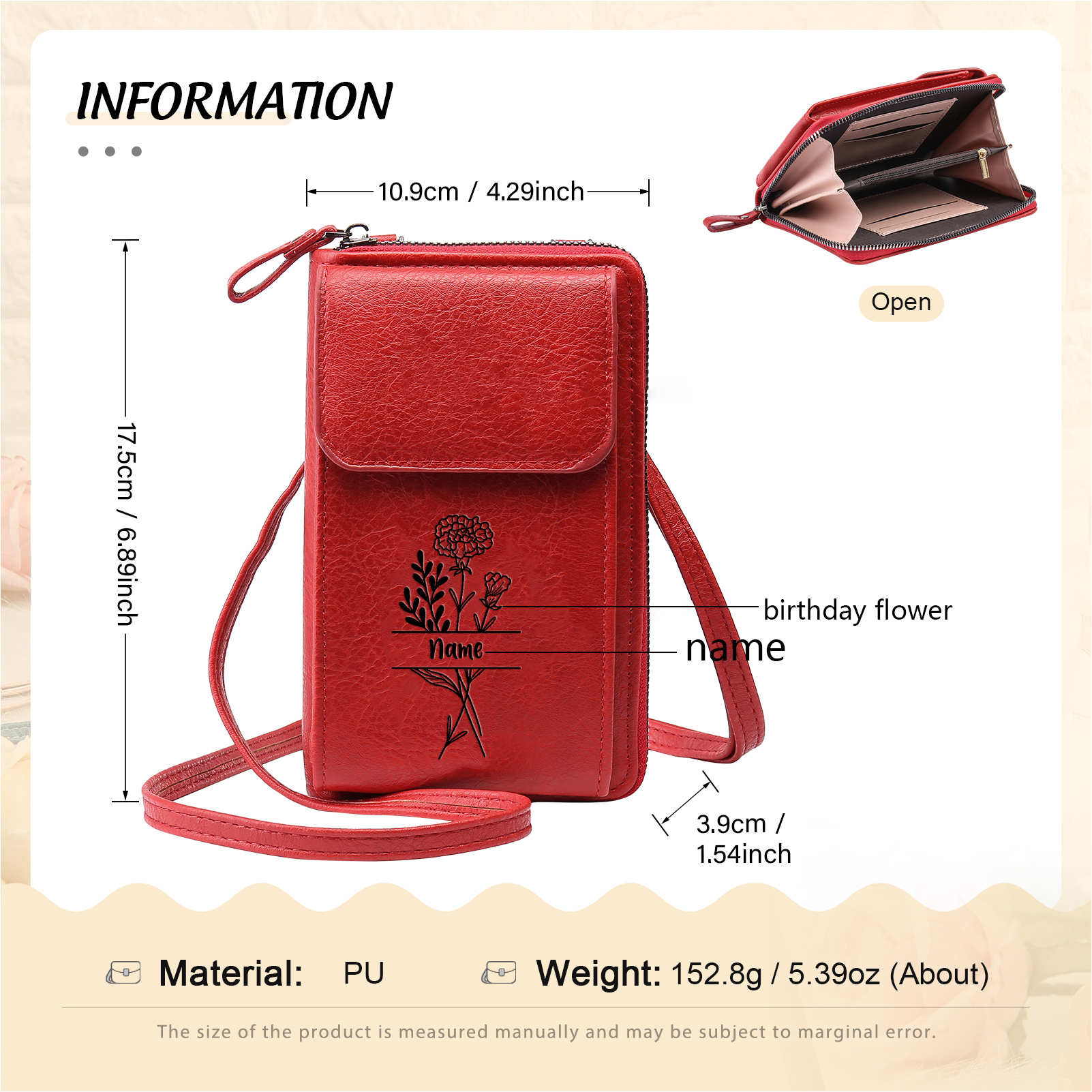 Custom Purse-Personalised Women's Leather Wallet Custom Birthflower & Name Mobile Phone Wallet Zipper Crossbody Bag