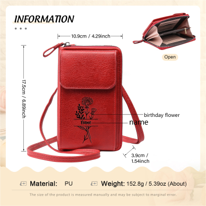Custom Purse-Personalised Women's Leather Wallet Custom Birthflower & Name Mobile Phone Wallet Zipper Crossbody Bag