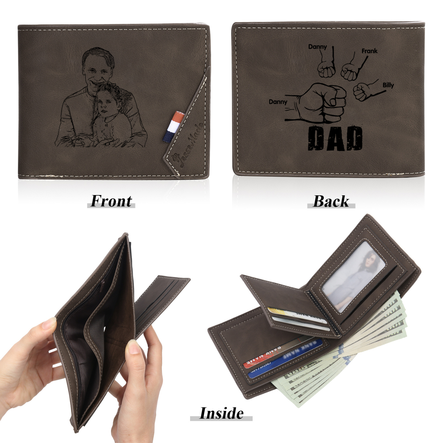 4 Names - Personalised Fist Bump Photo Custom Leather Men's Wallet as a Father's Day Gift for Dad