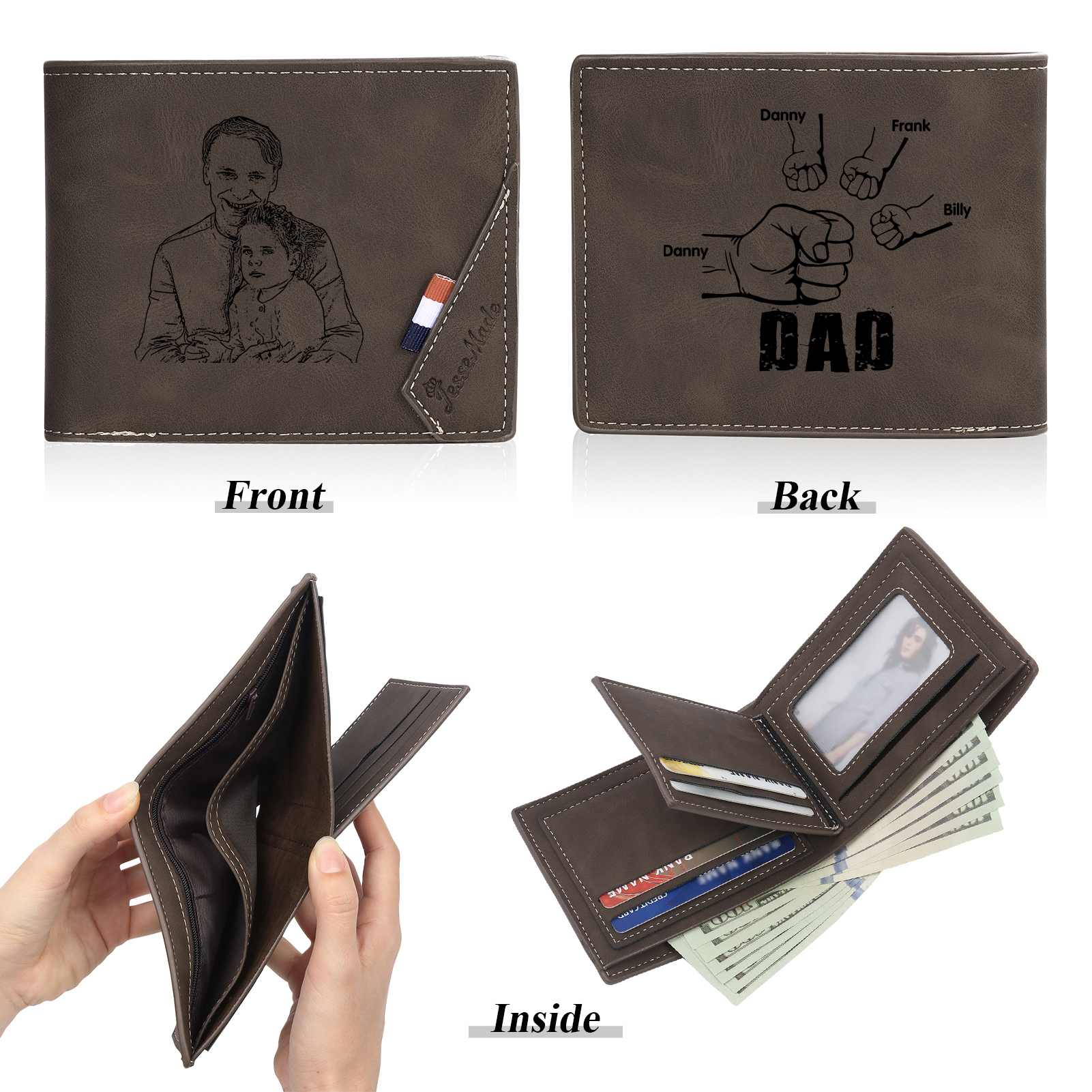 4 Names - Personalised Fist Bump Photo Custom Leather Men's Wallet as a Father's Day Gift for Dad