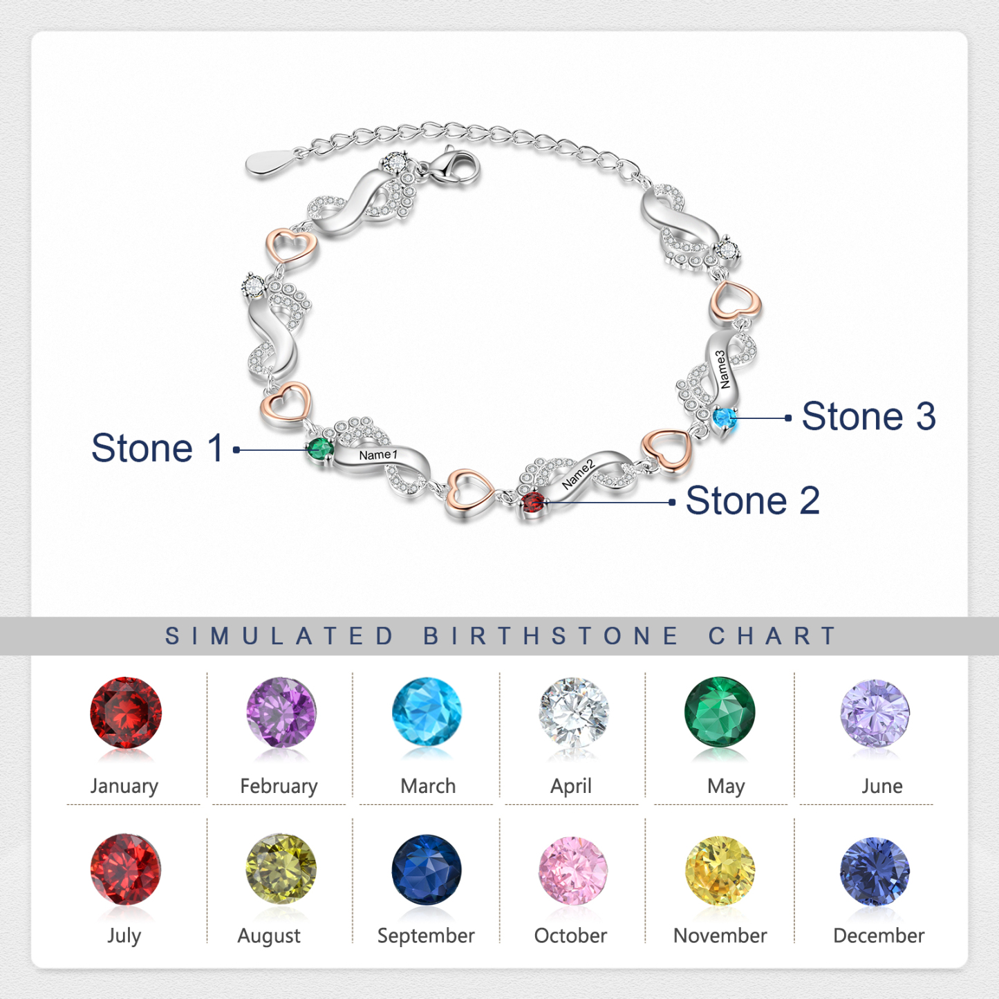 Personalised Baby Feet Bracelet Custom 3 Birthstones Set With Rose Gift Box Heart Bracelet Gifts For Women