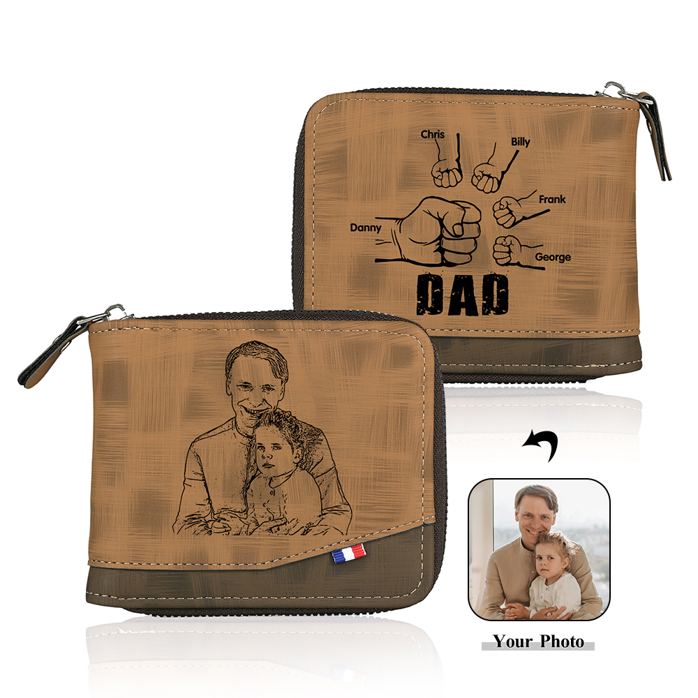 5 Names - Personalised Photo Custom Leather Men's Zipper Wallet as a Father's Day Gift for Dad