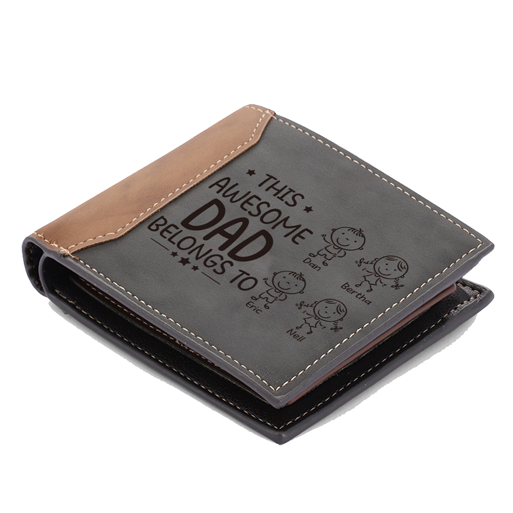 4 Names-Personalised Doll Customized Leather Men's Wallet Customized Name Folding Grey Wallet for Dad