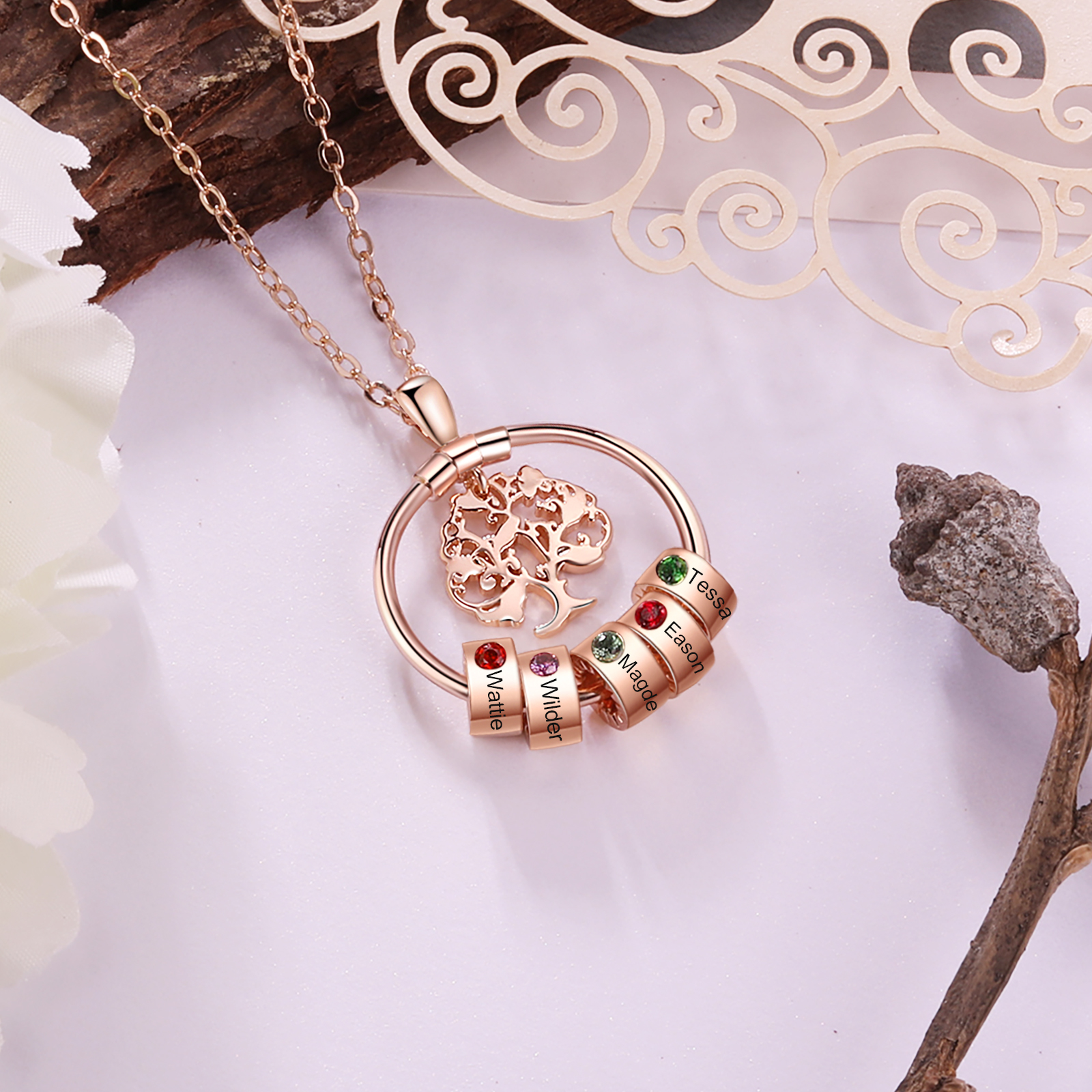 Personalised Family Tree Necklace With 5 Birthstones Engraved Names Gift For Mother