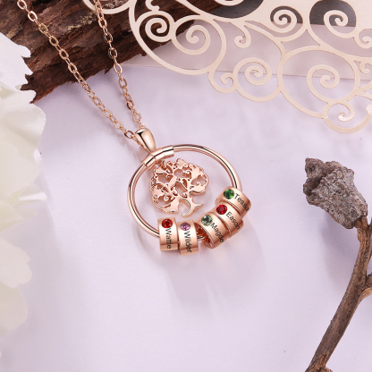 5 Names-Personalised Family Tree Necklace With 5 Birthstones Engraved Names Gift For Her