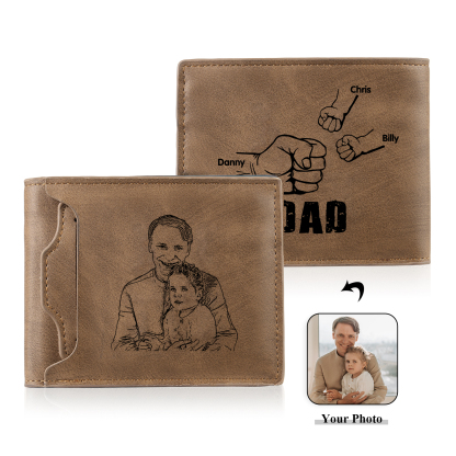 3 Names - Personalised Photo Custom Leather Men's Folding Wallet as a Father's Day Gift for Dad