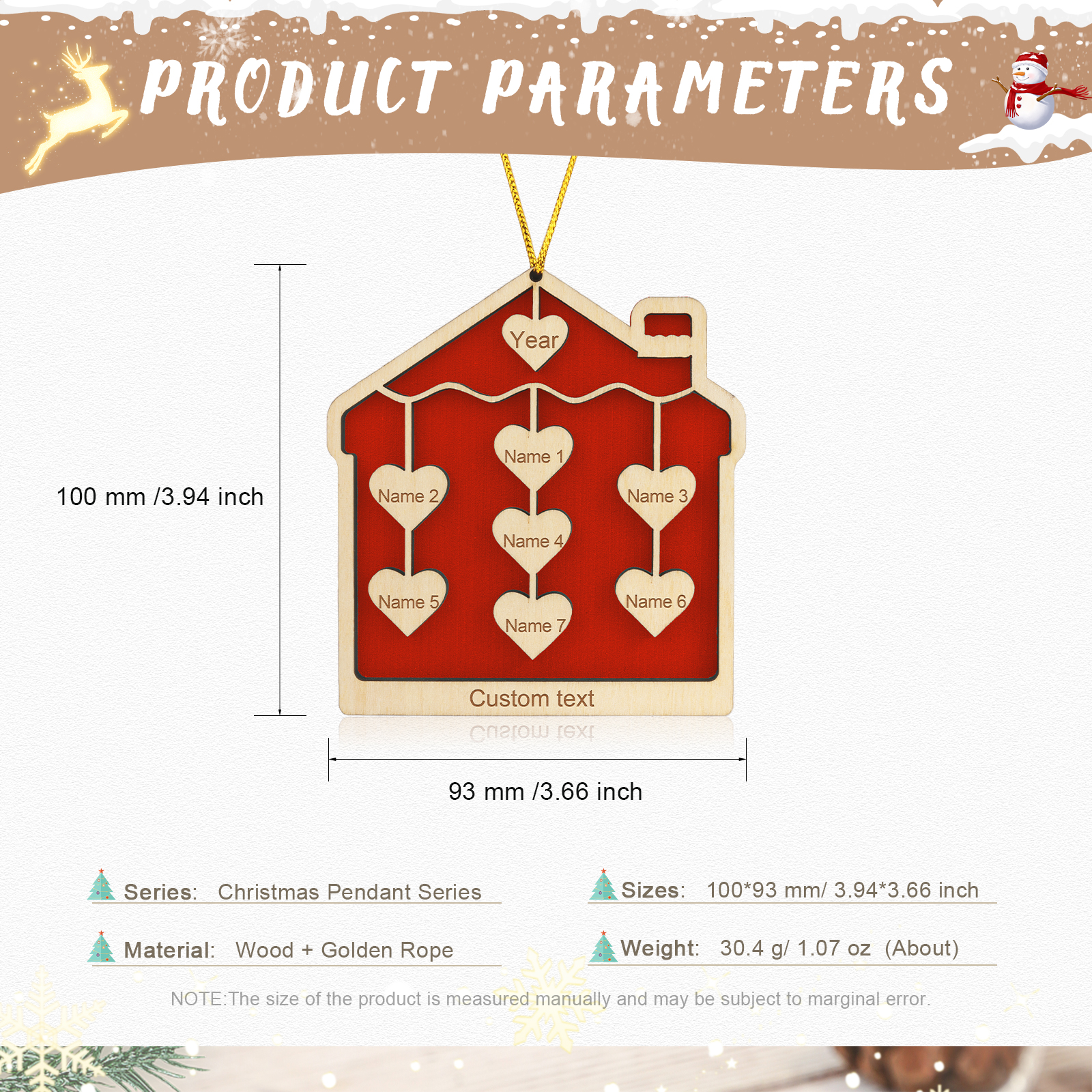 7 Names-Personalised Family Wooden Christmas Xmas Tree Decoration Ornament-Custom 7 Names And Year Hanging Ornament Gifts For Family