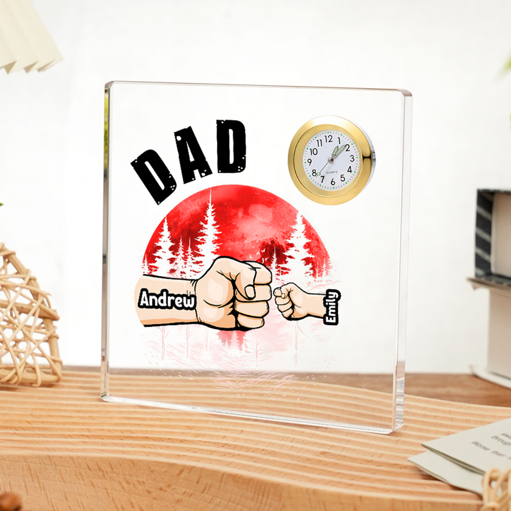 2 Names - Personalised Fist Red Forest Style Acrylic Clock Ornament Ornament Customized Name and Text Acrylic Father's Day Gift for Dad