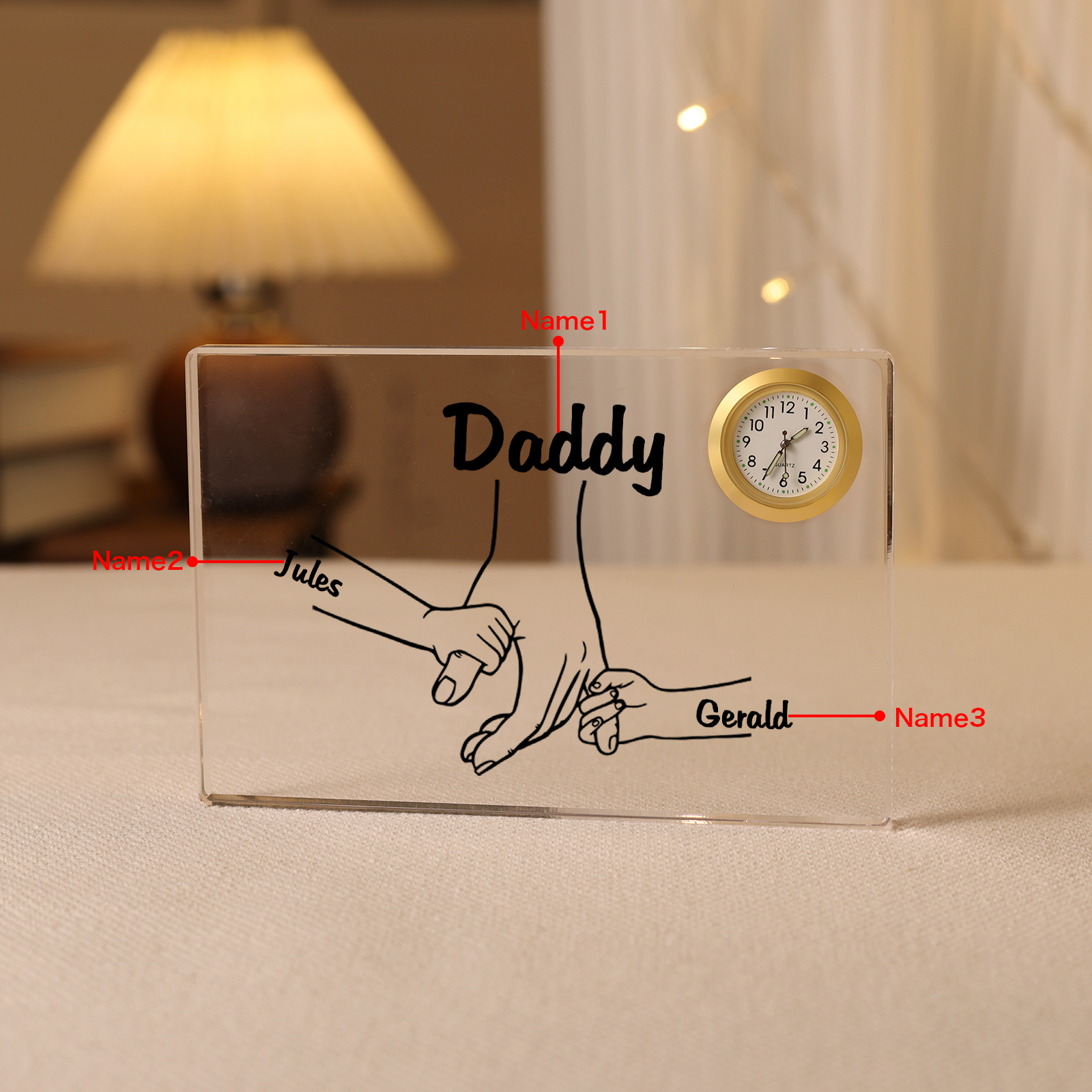 3 Names - Personalised Holding Hands Pattern Custom Name Acrylic Rectangular Clock Ornament Father's Day Gift